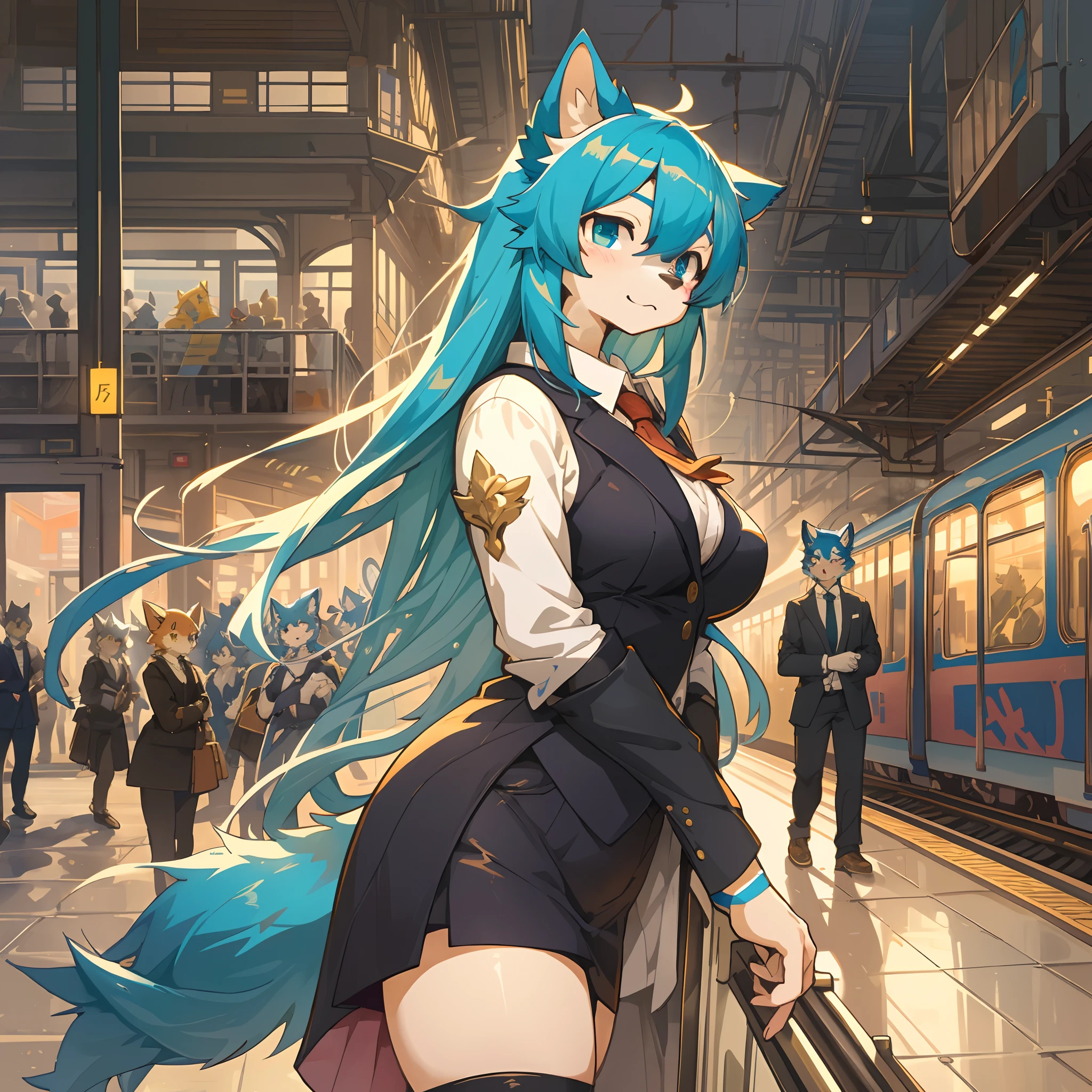 top quality, best quality, High-quality illustrations, masterpiece, super high resolution, detailed background, station, train, station shop, student, salary, suits, evening, 6+boys, 6+girls, absurdres(highly detailed beautiful face and eyes)perfect anatomy, expression, good lighting, good cinematic shadow(kemono, furry anthro)assorted poses, dynamic angle,