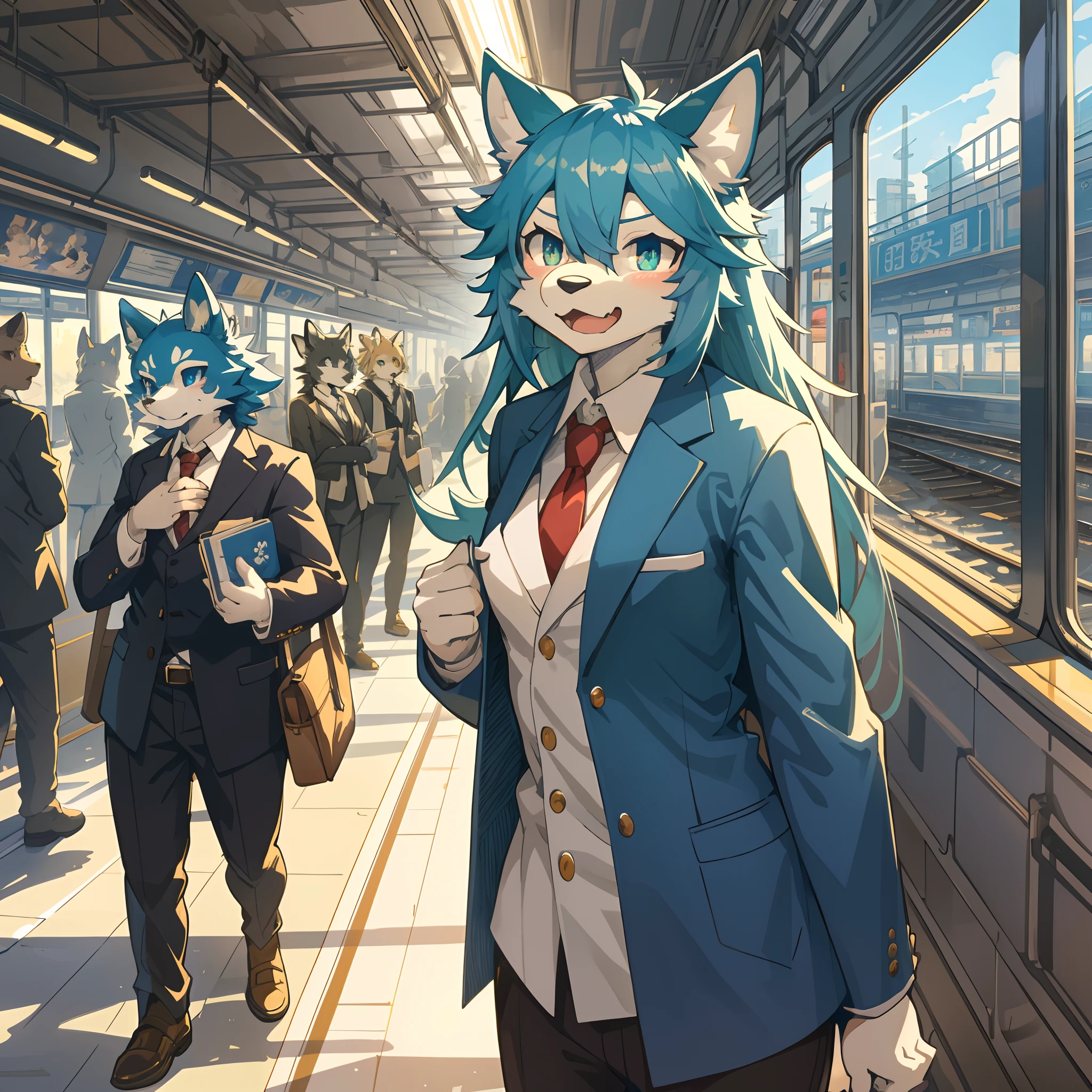 top quality, best quality, High-quality illustrations, masterpiece, super high resolution, detailed background, station, train, station shop, student, salary, suits, evening, 6+boys, 6+girls, absurdres(highly detailed beautiful face and eyes)perfect anatomy, expression, good lighting, good cinematic shadow(kemono, furry anthro)assorted poses, dynamic angle,