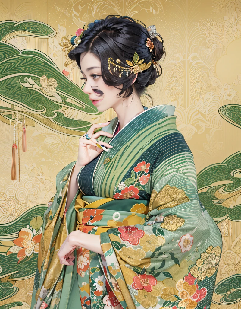 (Beautiful model in Japanese kimono commercial, beautiful straight long black hair), solo, ((face is 80% beauty and elegance, 20% pretty and cute:1.5)), clear eyes, (detailed eyes, light green eyes, bright pupils), Double Eyelids, (sexy lips with a little thickness:1.2), ((super detailed and incredibly high resolution Golden Kimono:1.2)), Highly Detailed Face Texture, striking body shape, curvy and very attractive woman, high-resolution RAW color photo pro photo, BREAK ultra high-resolution textures, High-res body rendering, big eyes, unparalleled masterpiece, incredible high resolution, super detailed, stunning ceramic skin, BREAK ((Facing back to show the pattern of the Kimono:1.5)), ((Wearing a Rinpa kimono that uses a lot of glittering golden:1.5)), ((The main color is golden and the Rinpa Kimono has very colorful embroidery:1.2)), (Half-collar and Obi are dark blue) ,(elaborately made classical Japanese Rinpa-style Kimono), ((The embroidery pattern is a peacock, a running water pattern, and colorful flowers):1.2), ((elaborately and elegantly decorated Golden Kimono)), (Take a photo in front of a Rinpa folding screen with a golden-coloured, navy-blue flowing water pattern)) BREAK ((Best Quality, 8k)), Crisp Focus:1.2, (Layer Cut, Big:1.2), (Beautiful Woman with Perfect Figure:1.4), (Beautifully shaped breasts:1.3), Slender waist, (Correct hand shape:1.5), (Full body shot | cowboy shot)