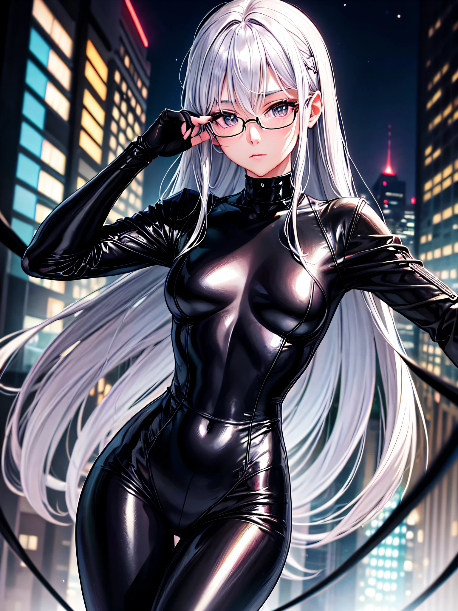 5 8K UHD、A beautiful woman with a small nose with silver hair in a shiny black rider suit with skin hidden up to the tips of black shiny fingertips wearing glasses is looking down、Late night city、Beautiful-headed woman with one leg raised expressionless