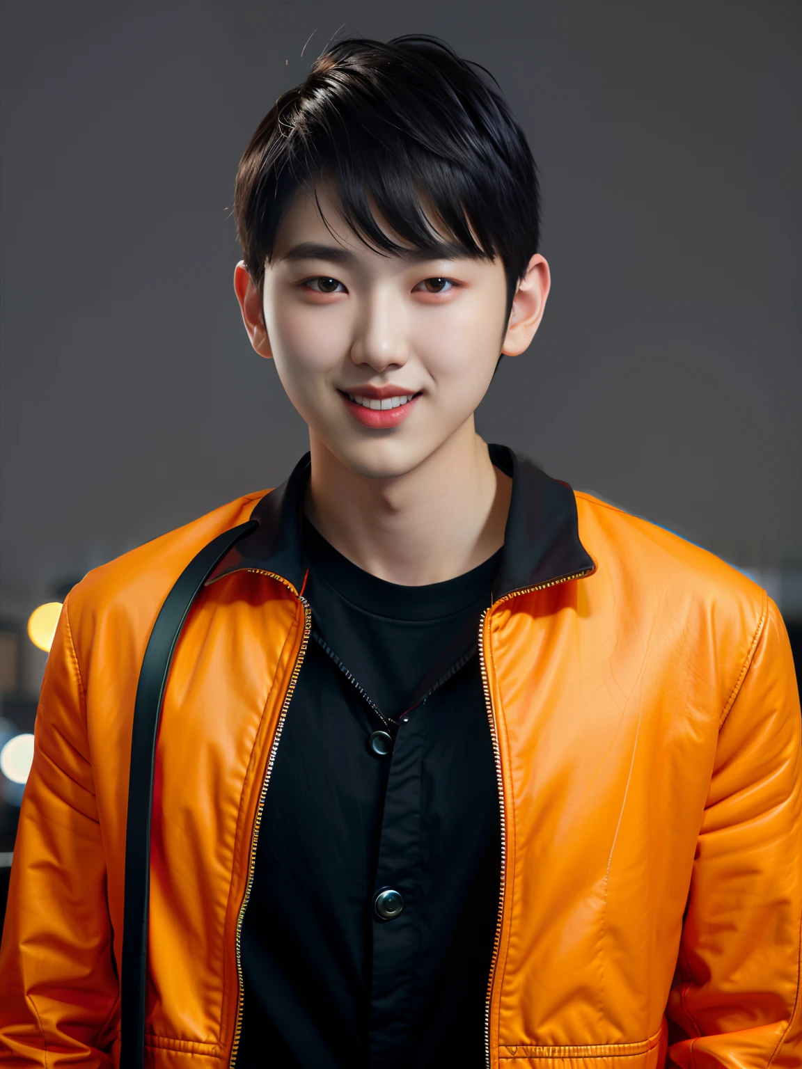 Close up of a man with black hair, red leather jacket looking to the side, city at night, movie blue lights, chiaroscuro, 8K, original, HD, stunning masterpiece, threatening smile, cute character and cute, thin, muscular man, textured skin, glowing , Asian idol, Choi Seo kun, Jimin Greek nose, Sung Yanjun, male Urzan, glowing red eyes, Kim Tae Joon.