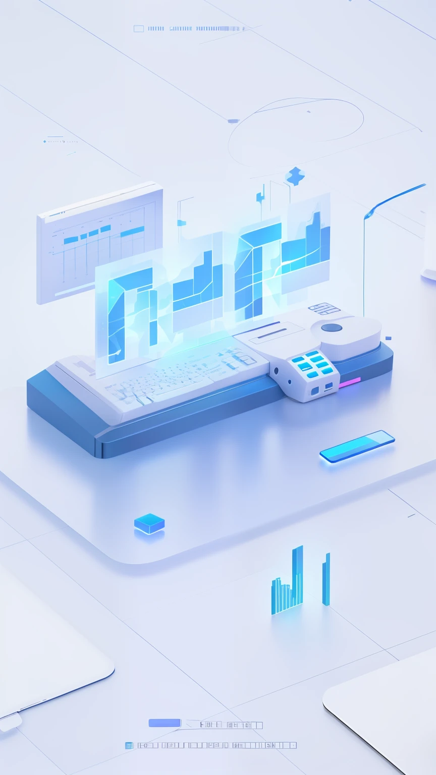 There is a computer and a keyboard on the table with data bars, take control of your data, abstract art representing data, data, data holograms, DataNFT as a data avatar, explosion of data fragments, data visualization, Data Mosh, depicted as a 3 d render, corrupted data, databending, in realistic data center