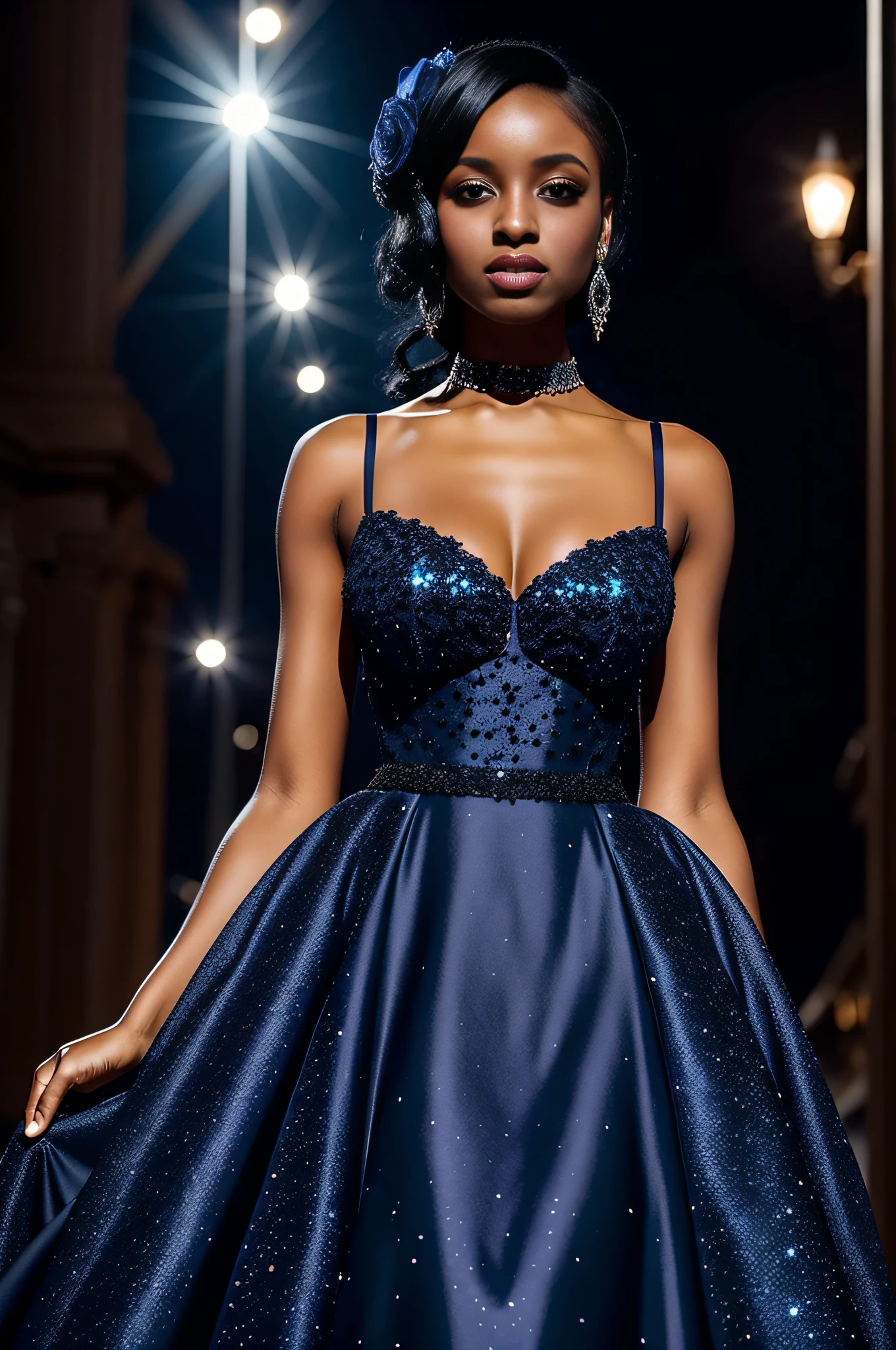A beautiful young black woman with raven-black hair wears a midnight blue ballgown speckled with rhinestones that sparkle like a night sky adorned with stars, dress is intricately adorned with shimmering rhinestones, outdoors at night beneath the moon and starry sky, the rhinestones form intricate patterns reminiscent of constellations against the night sky, the sweetheart neckline of the gown is modest yet alluring with delicate straps that frame her shoulders and collarbone, corseted bodice, the hem of the skirt flutters gently, the gown's train trails behind her like a comet's tail, midnight blue satin opera gloves!!