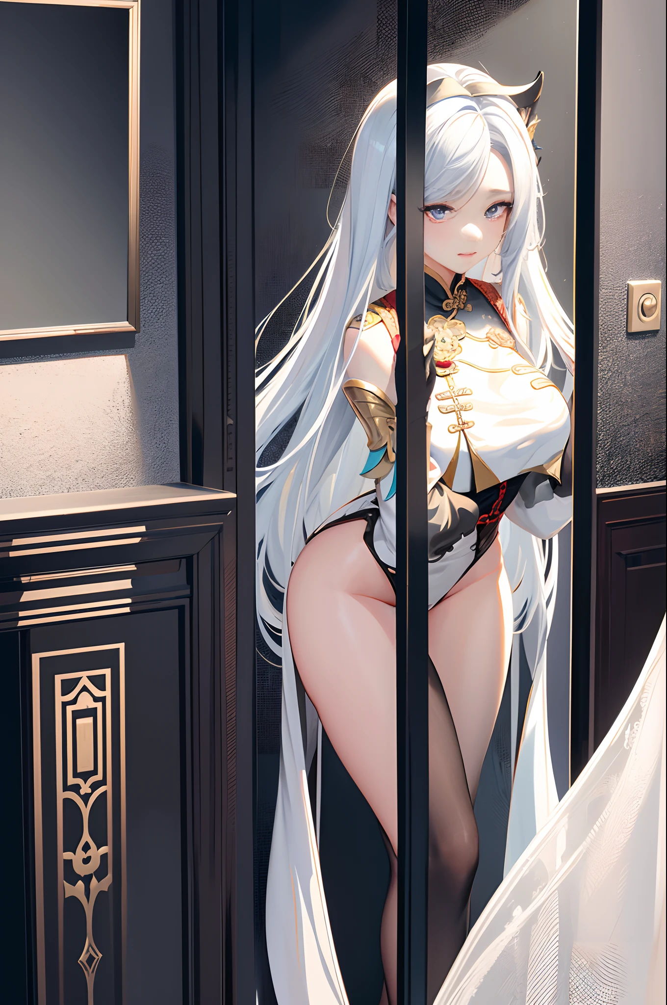 "(top-quality、tmasterpiece:1.2，Unity 16K wallpaper, Masterpiece, Best quality, super ultra detail, Extremely detailed CG, Caustics, Cinematic lighting, Detailed, Beautiful detailed eyes, Solo), 超高分辨率, Fine skin, teens girl，long  white hair、Smooth skin、Beautiful mouth、Smooth legs、busty figure，Black and white transparent close-fitting cheongsam，Moon，In the bathroom，mirrors，Hands on the head，Tall and tall，Visible on the back，Butt visible,Lateral breasts are visible"