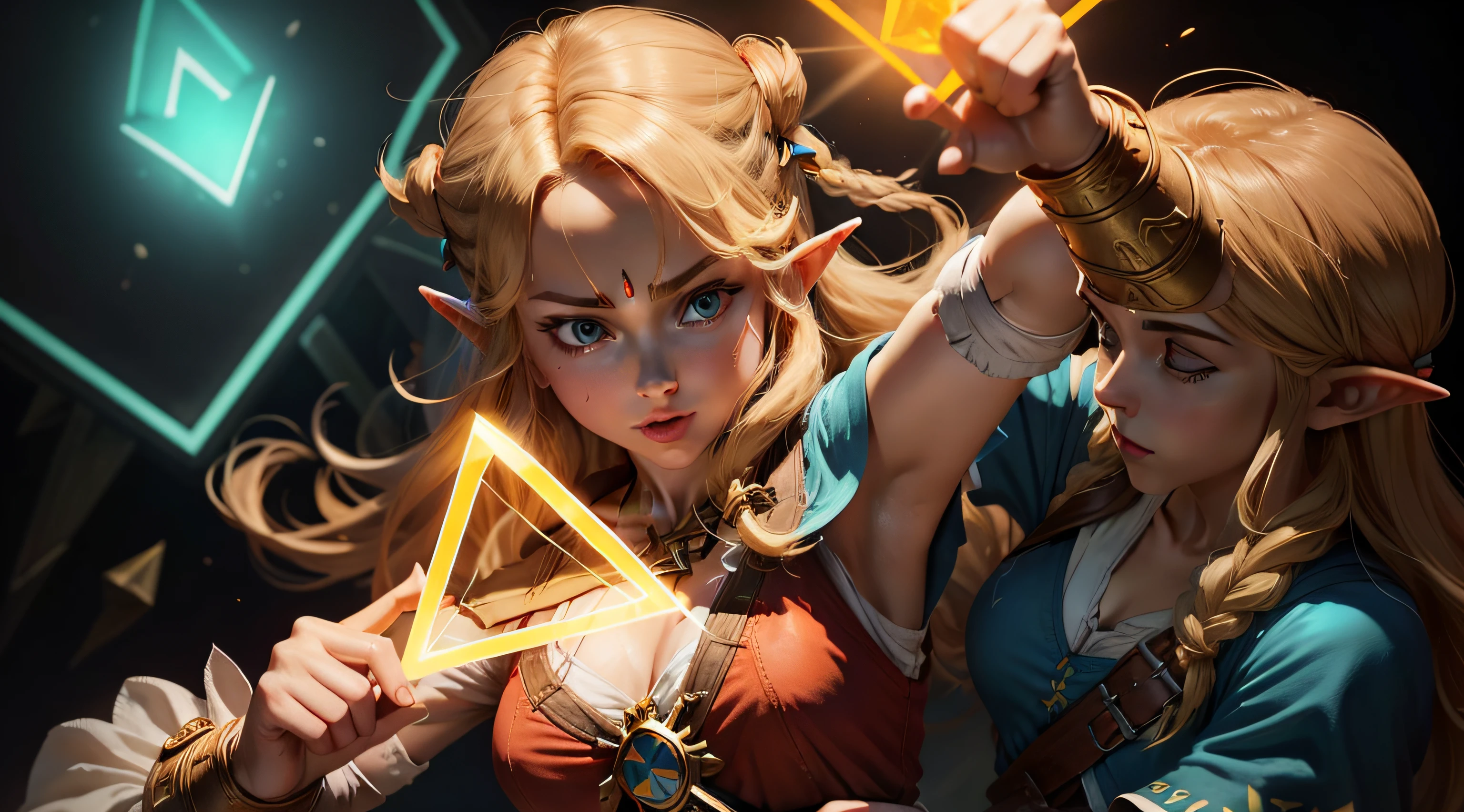 Zelda holding 3 triangles forming a bigger triangle thats glowing bright orange yellow