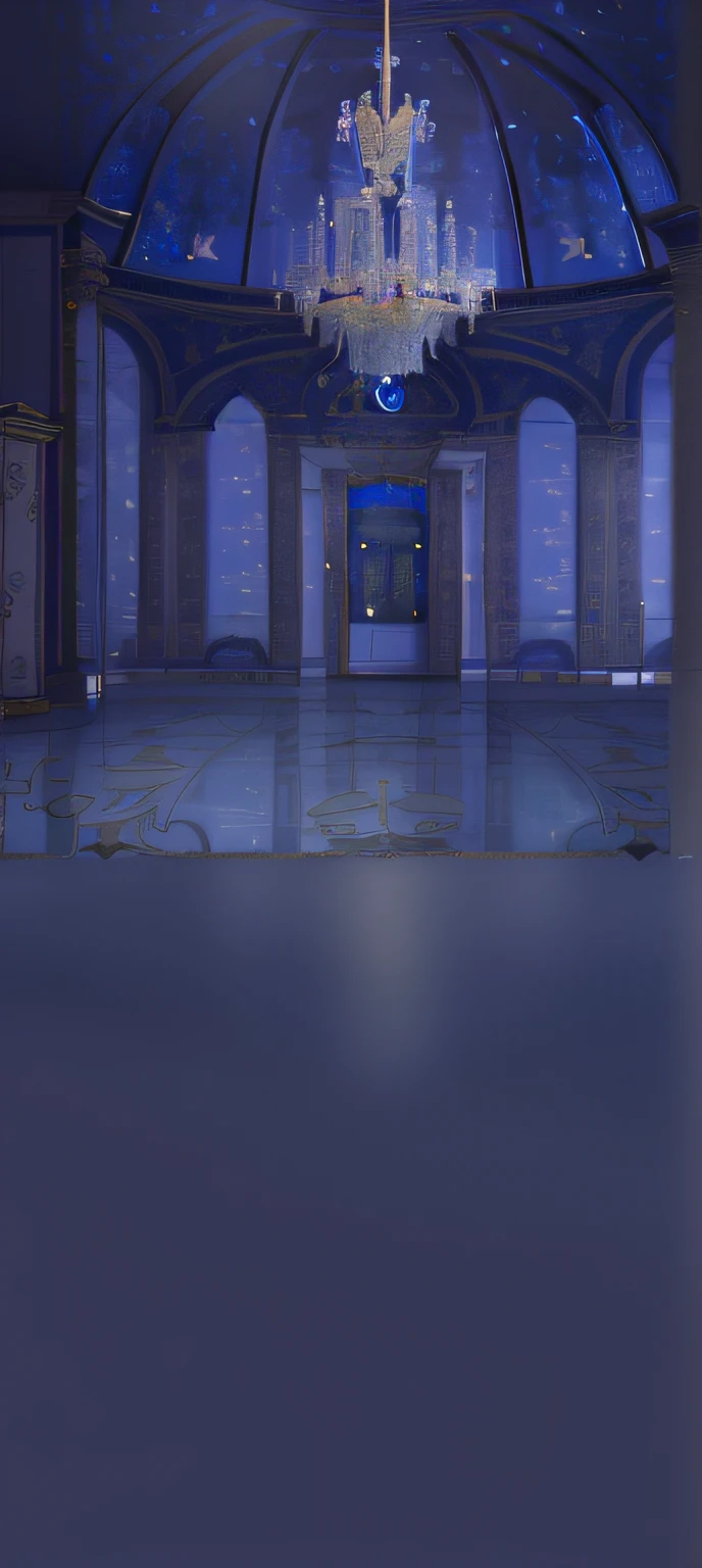 Indoor blue palace,European style large chandelier,Curved glass roof,European style columns,The floor is strongly reflective floor tiles,Architectural foreign affairs blue starry sky。Do not change the design。Refinement。