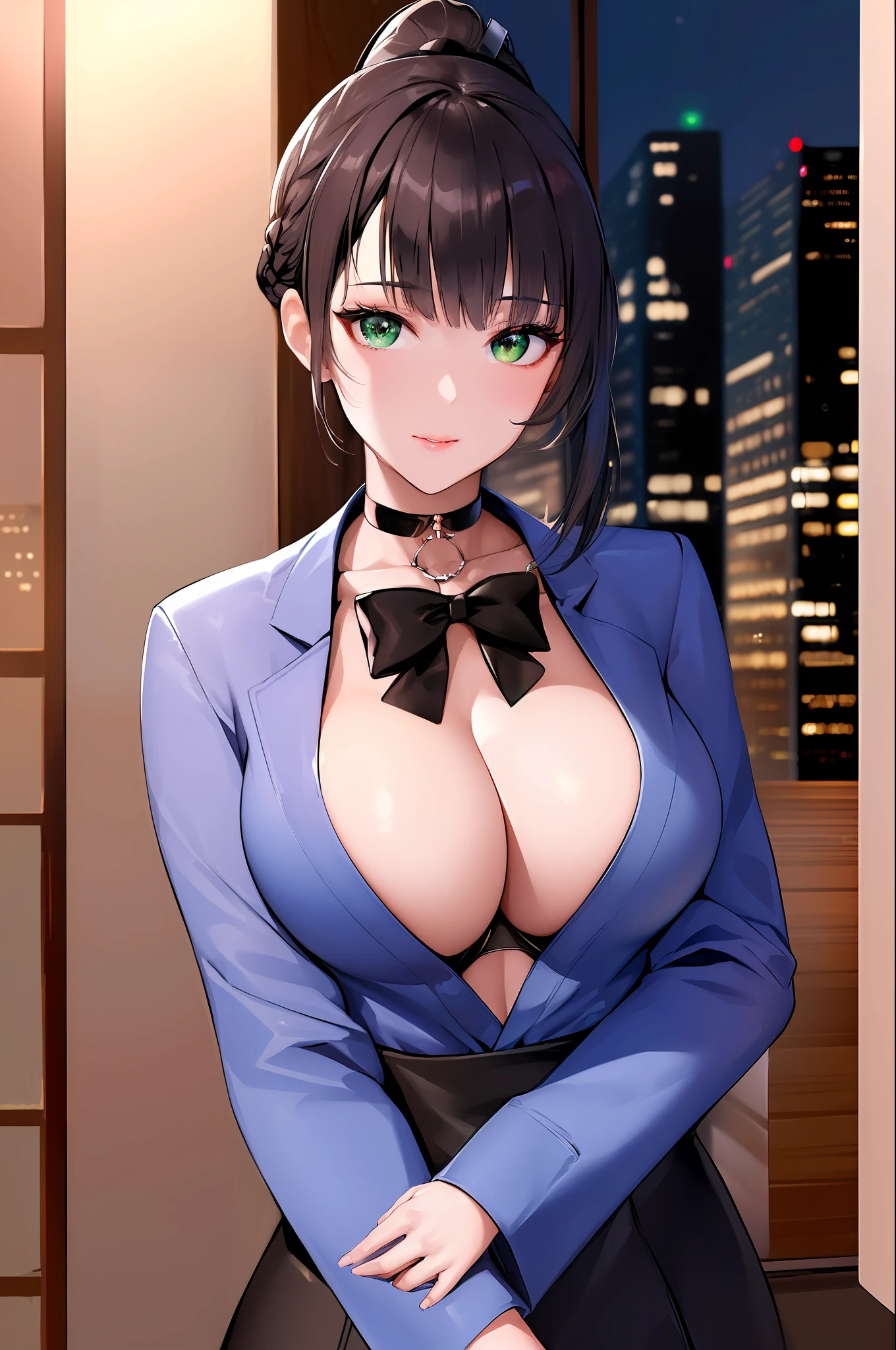 (Night:1.7), Japan, cyberpunk, CityView, Before Window,wooden floor,
Standing at attention,
Blue Jacket, Grey Shirt, collarbone, deep cleavage, Black choker,
jewelry,gem,bangs, Brown Hair, Green Eyes, Braid,long hair, low ponytail, a bow tie,hair ornament, hairclip,
1 girl, 20yo,Young female,Beautiful Finger,Beautiful long legs,Beautiful body,Beautiful Nose,Beautiful character design, perfect eyes, perfect face,expressive eyes,
looking at viewer, in the center of the image,(Upper_body),(Focus on her face),
official art,extremely detailed CG unity 8k wallpaper, perfect lighting,Colorful, Bright_Front_face_Lighting,shiny skin,
(masterpiece:1.0),(best_quality:1.0), ultra high res,4K,ultra-detailed,
photography, 8K, HDR, highres, absurdres:1.2, Kodak portra 400, film grain, blurry background, bokeh:1.2, lens flare, (vibrant_color:1.2)
(Beautiful,Breasts), (beautiful_face:1.5),(narrow_waist),