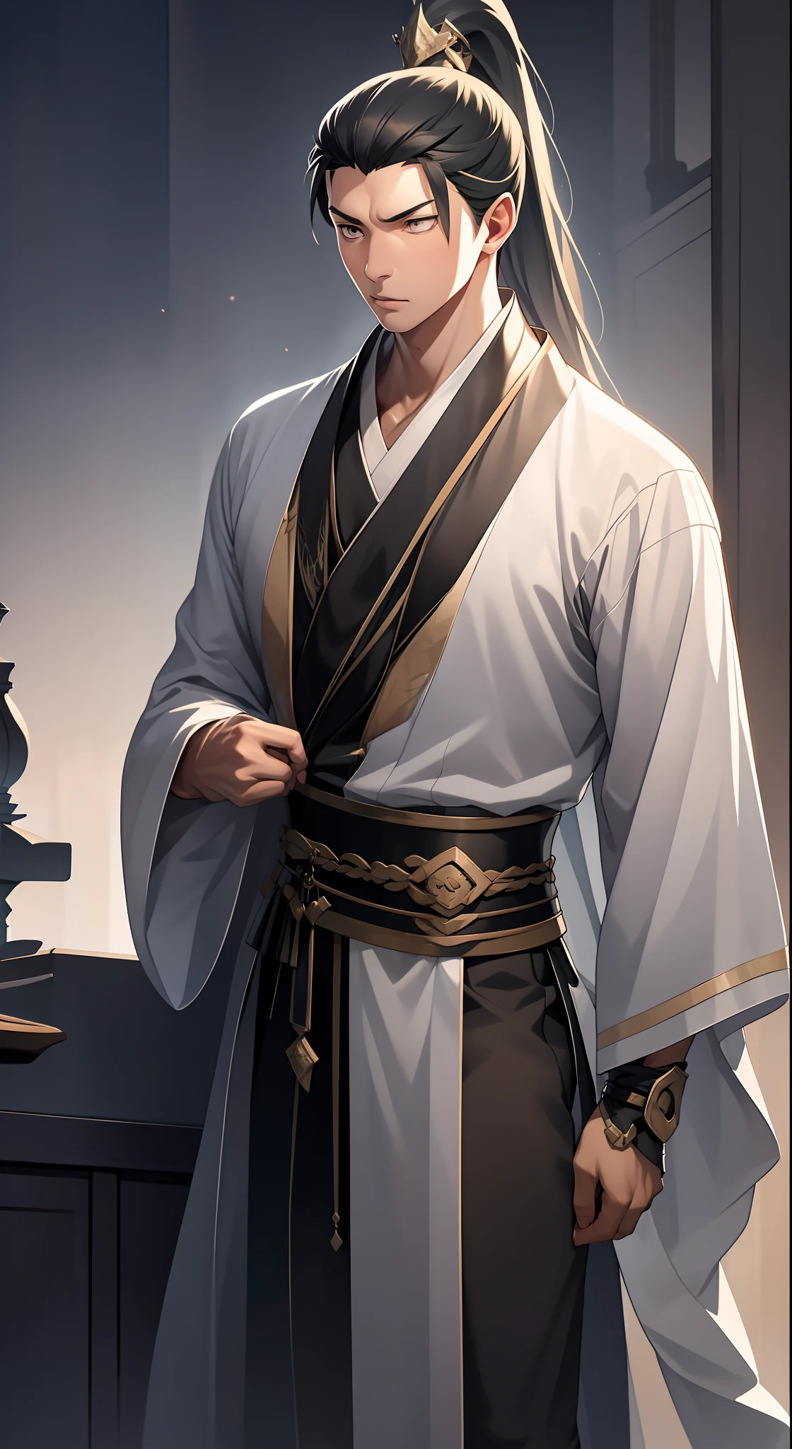 Holding a white feather fan in his hand