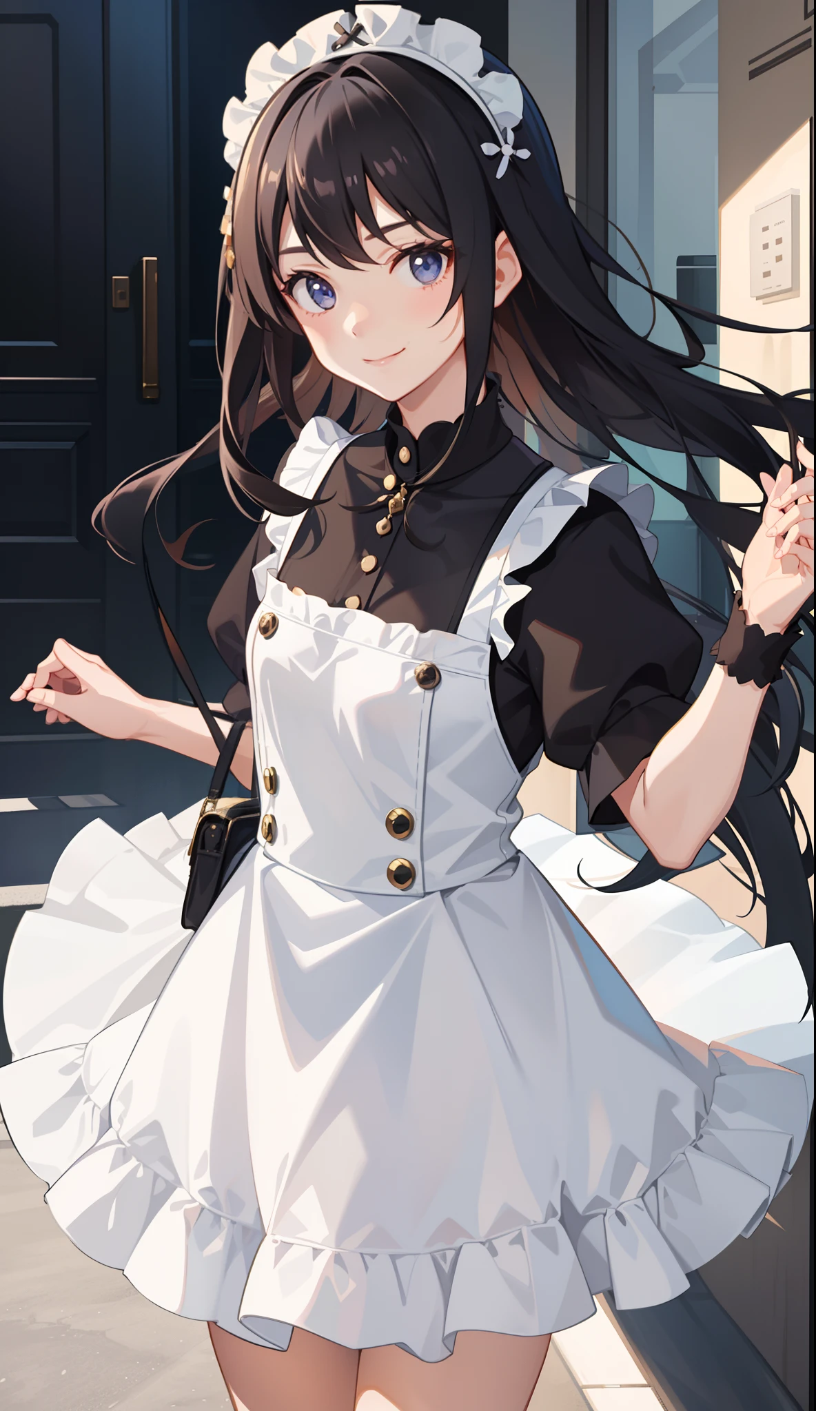 1girl in、A smile、A delightful! The shirt、skirt by the、(small tits)pinafore、doress、hair adornments、(Maids)、