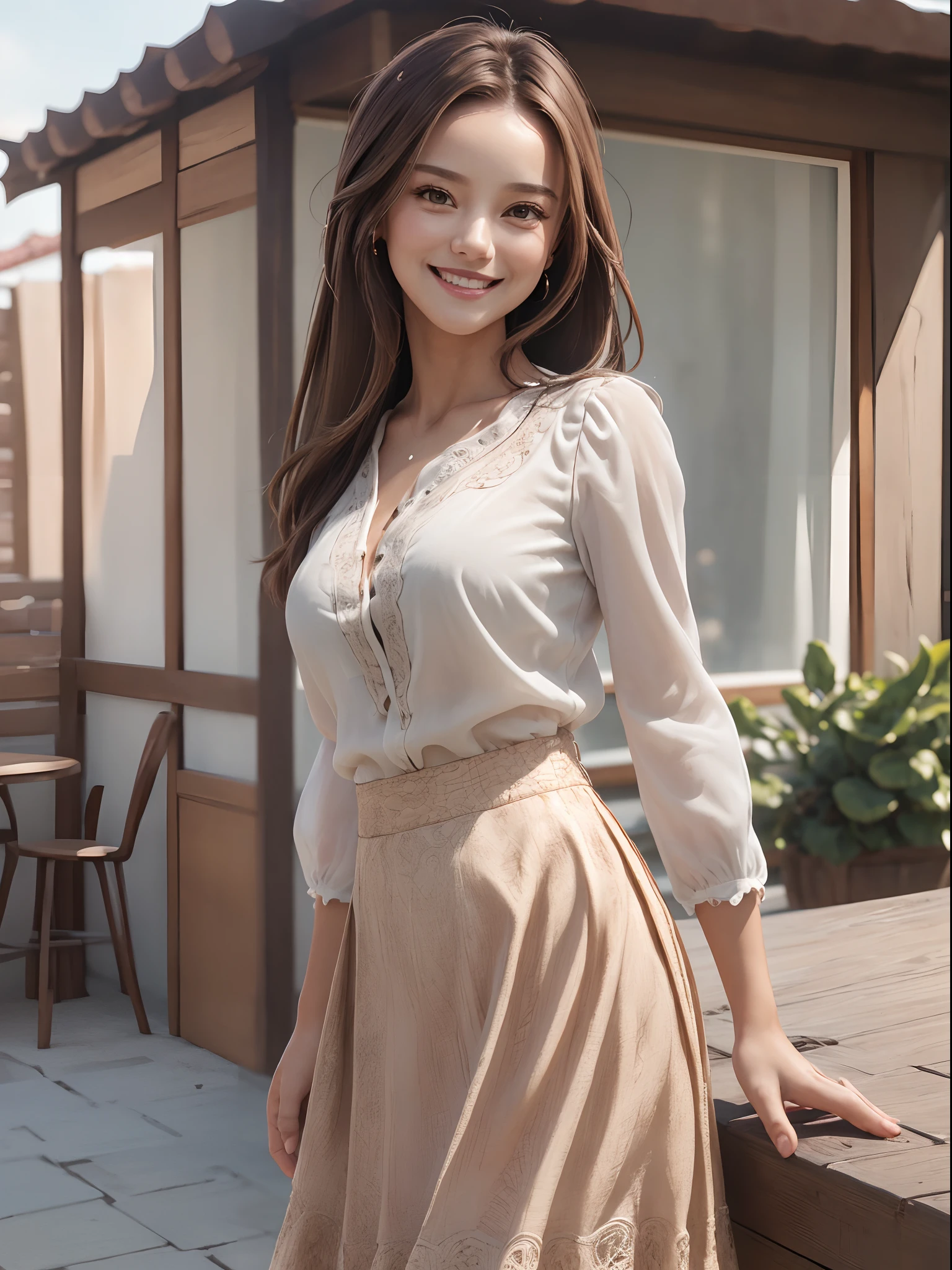 (realistic:1.3), insane detailed, quality, (masterpiece:1.2), (photorealistic:1.2), (best quality), (detailed skin:1.3), (intricate details), ray tracing, ((half body)), (((1girl))), (((1person))) Nicolaca, brown hair, brown eyes, big smile, looking at viewers, small breasts, blouse, long skirt, outdoor, (blurred background)