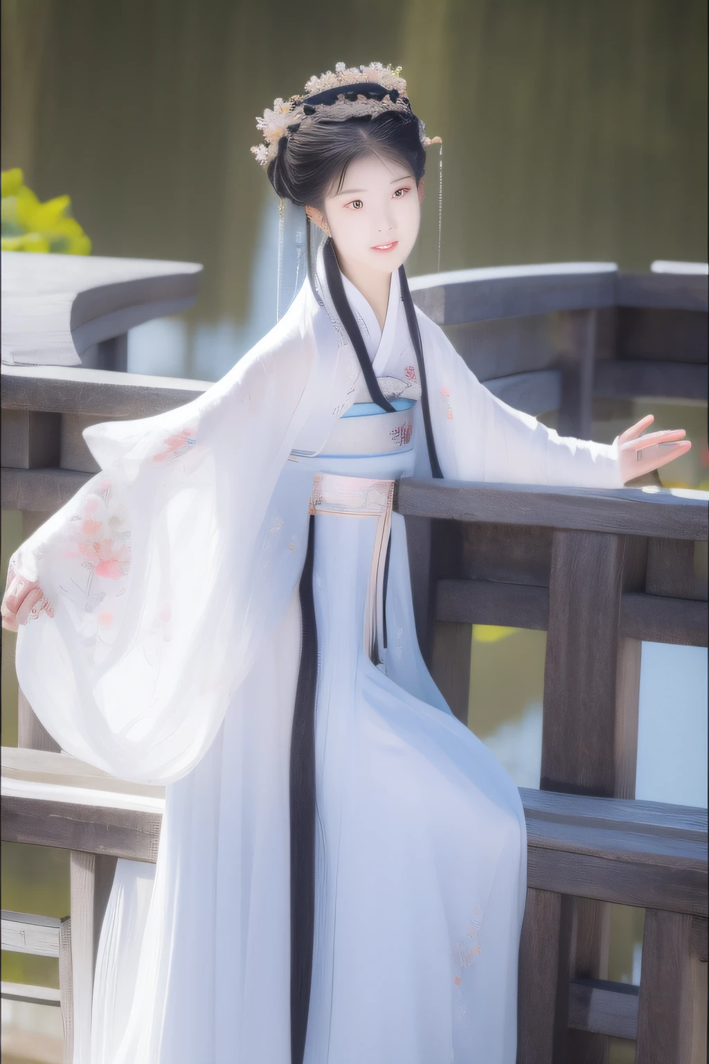 Small Bridge Flowing Water On the bridge deck stood a woman in Hanfu with exquisite facial features