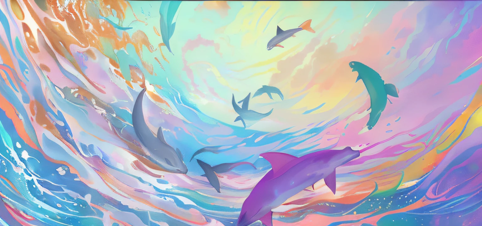 Painting of a pod of dolphins swimming in colorful ocean, sky whales, Inspired by Cyril Rolando, dreamy psychedelic anime, colorful anime movie background, A beautiful artwork illustration, author:Shitao, colorful concept art, Makoto Shinkai Cyril Rolando, in the style of Cyril Rolando, flying whale, highly detailed water colour 8k, highly detailed water colour 8 k,octane,Fine,Realistic,8K,Estilo de Makoto Shinkai