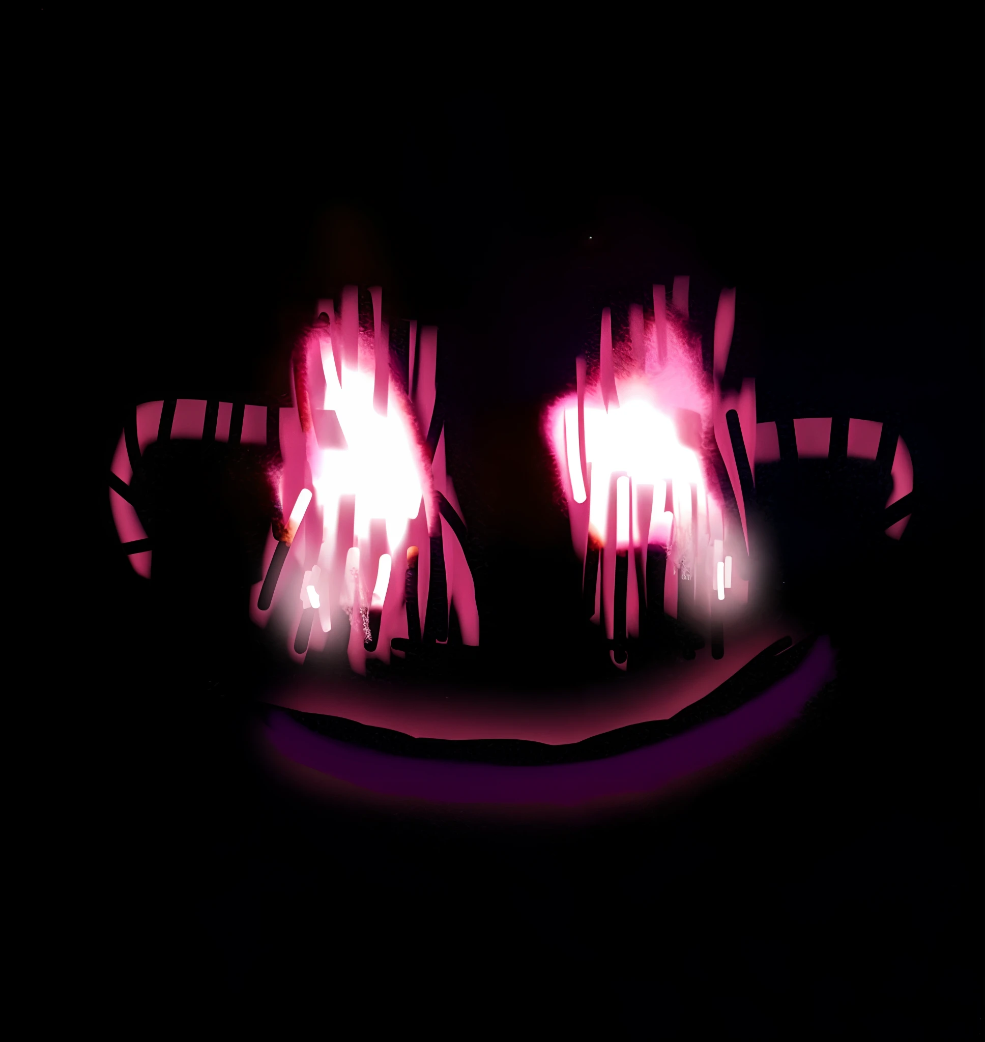 There are two glowing eyes in the dark,With a smile on it, evil smile and glowing eyes, Glowing magenta laser eye, Glowing pink laser eyes, glowing violet laser beam eyes, Glowing eyes and mouth, Purple glowing eyes, Glowing pink face, glitch eyes, Glowing pink eyes, eerie glowing eyes, Glowing network - eyes, bright demonic glowing eyes,hyper HD