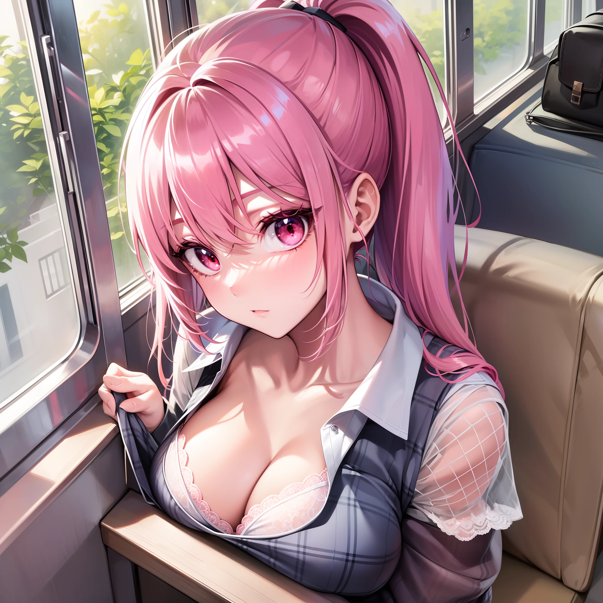 detailed Face、long eyelash、Detailed eye、(High Ponytail:1.3)、(red eye:1.3)、(Pink hair and white mesh:1.2)、large breast cleavage、slimness、Tartan checked skirt、angle from above、white school uniform、Light blue and white lace sheer lingerie、FULL BODY、Bag、Get off the bus