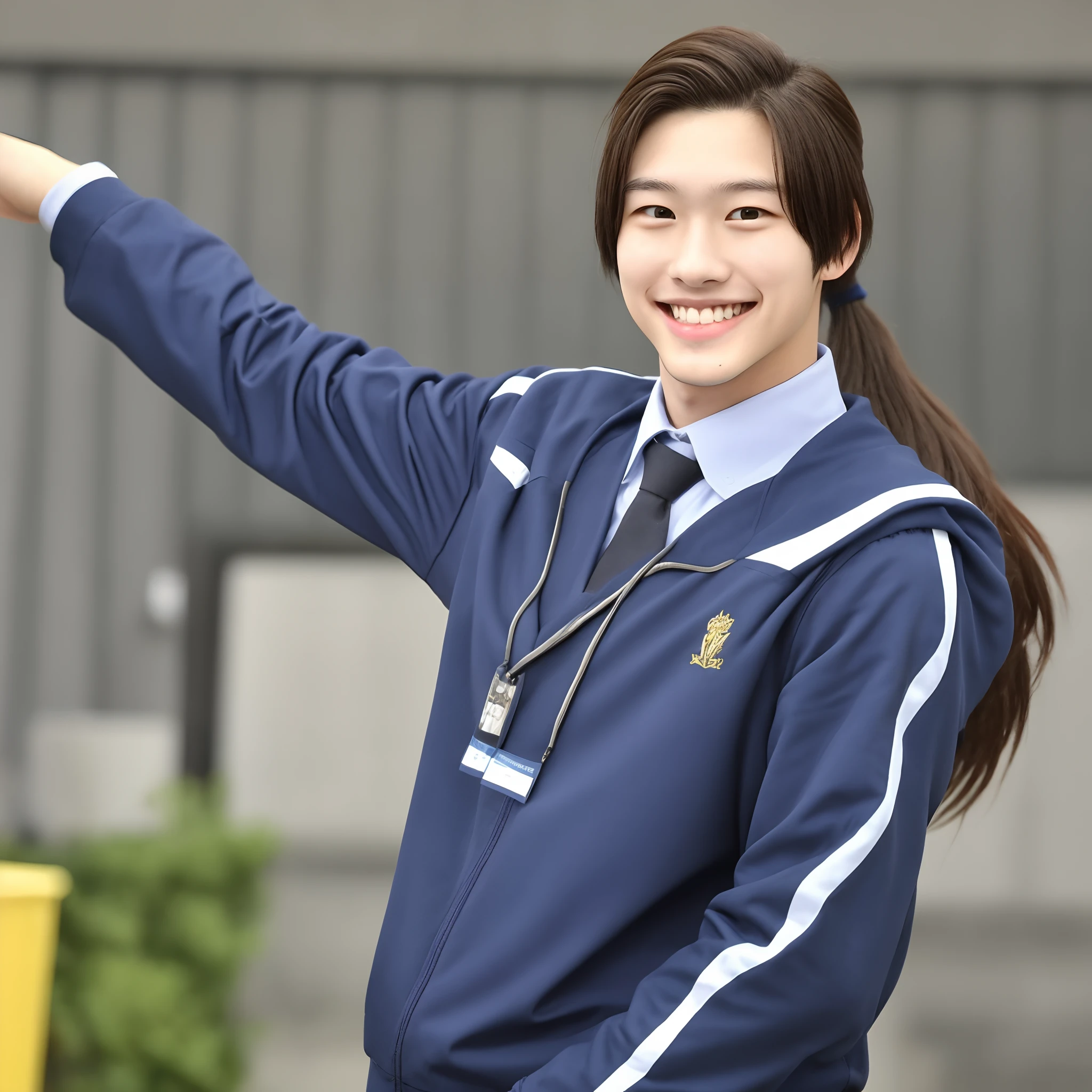 Male high school student, tall, long hair, ponytail, cheerful, smiling, handsome