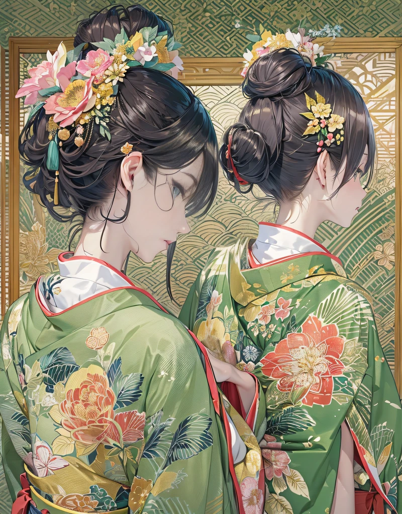 (Beautiful model in Japanese kimono commercial, beautiful straight long black hair), solo, ((face is 80% beauty and elegance, 20% pretty and cute:1.5)), clear eyes, (detailed eyes, light green eyes, bright pupils), Double Eyelids, (sexy lips with a little thickness:1.2), ((super detailed and incredibly high resolution Golden Kimono:1.2)), Highly Detailed Face Texture, striking body shape, curvy and very attractive woman, high-resolution RAW color photo pro photo, BREAK ultra high-resolution textures, High-res body rendering, big eyes, unparalleled masterpiece, incredible high resolution, super detailed, stunning ceramic skin, BREAK ((Facing back to show the pattern of the Kimono:1.5)), ((Wearing a Rinpa kimono that uses a lot of glittering golden:1.5)), ((The main color is golden and the Rinpa Kimono has very colorful embroidery:1.2)), (Half-collar and Obi are dark blue) ,(elaborately made classical Japanese Rinpa-style Kimono), ((The embroidery pattern is a peacock, a running water pattern, and colorful flowers):1.2), ((elaborately and elegantly decorated Golden Kimono)), (Take a photo in front of a Rinpa folding screen with a golden-coloured, navy-blue flowing water pattern)) BREAK ((Best Quality, 8k)), Crisp Focus:1.2, (Layer Cut, Big:1.2), (Beautiful Woman with Perfect Figure:1.4), (Beautifully shaped breasts:1.3), Slender waist, (Correct hand shape:1.5), (Full body shot | cowboy shot)