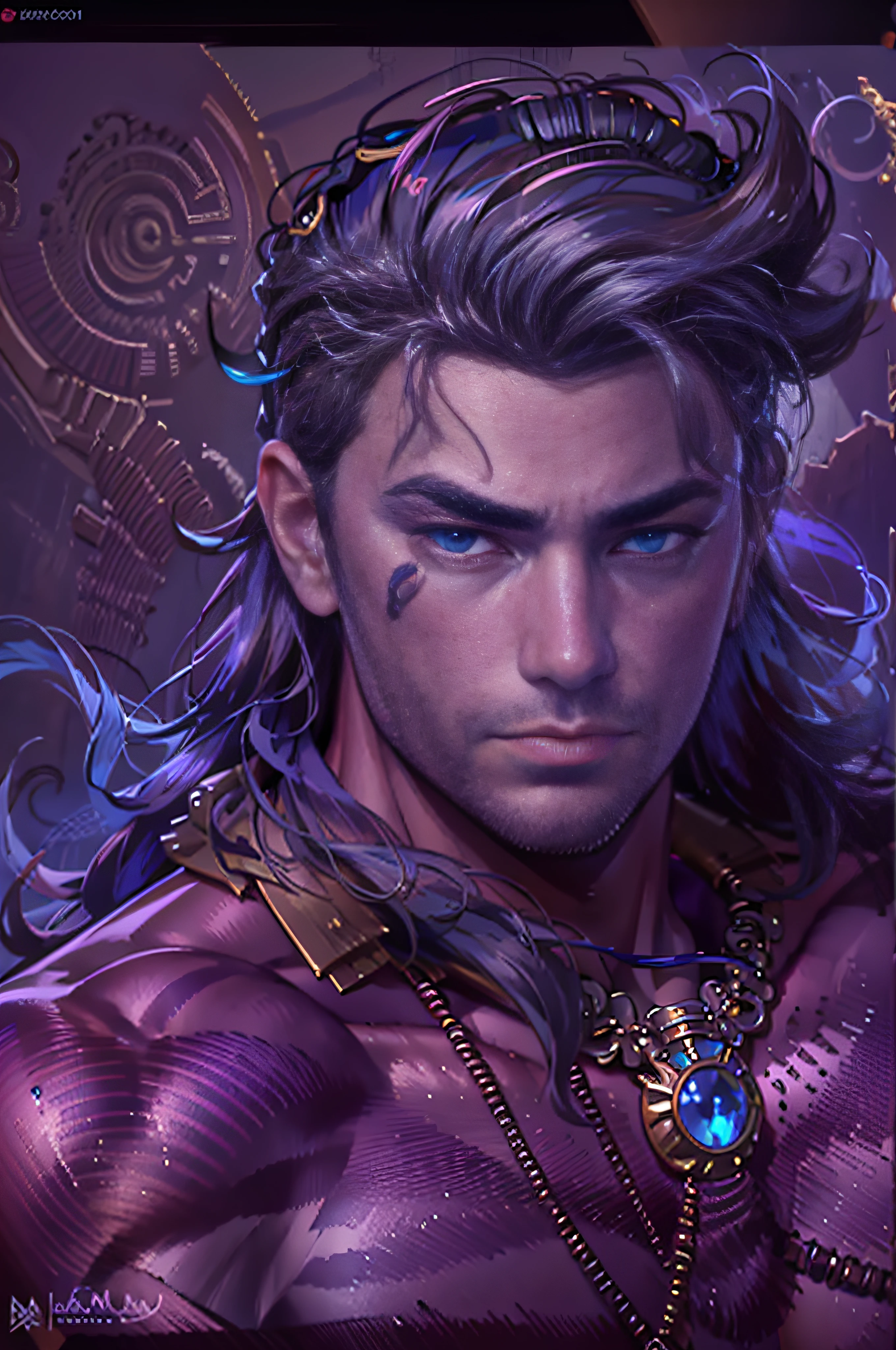 (highly detailed:1.3),male focus,purple skin,muscular,powerful pose,necklace,((detailed face and eyes:1.3)),Ultra-detail,(highres:1.1),best quality,(masterpiece:1.3),cinematic lighting