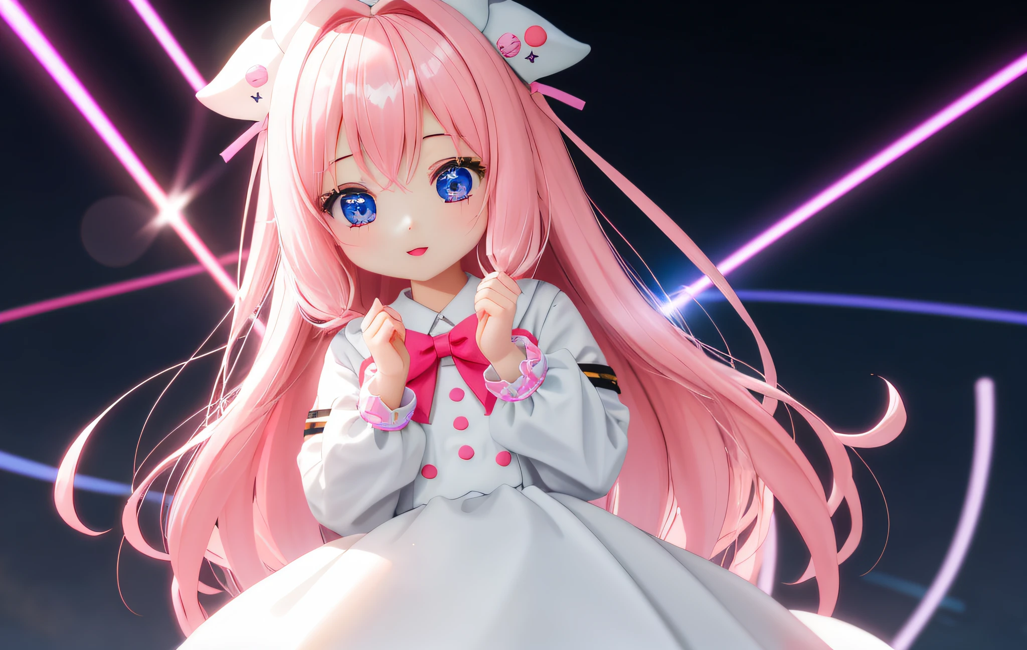 Pop Mart Blind Box IP、Close up of cute white knight doll、Greetings、Young One Angel Style、Wear longer, Dress fluently、Lop style、Poseline doll、Little people々々々。unreal enginee 5、Light 3D/C4D production: 8K HD quality/illuminating/Ultra-fine lens description 1.5、flawless、Chibi Background/Cinematic。