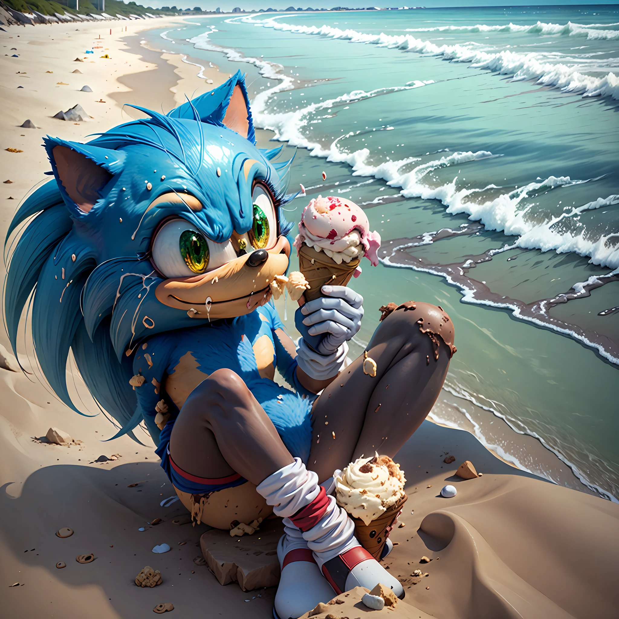 Sonic eating ice cream at the beach