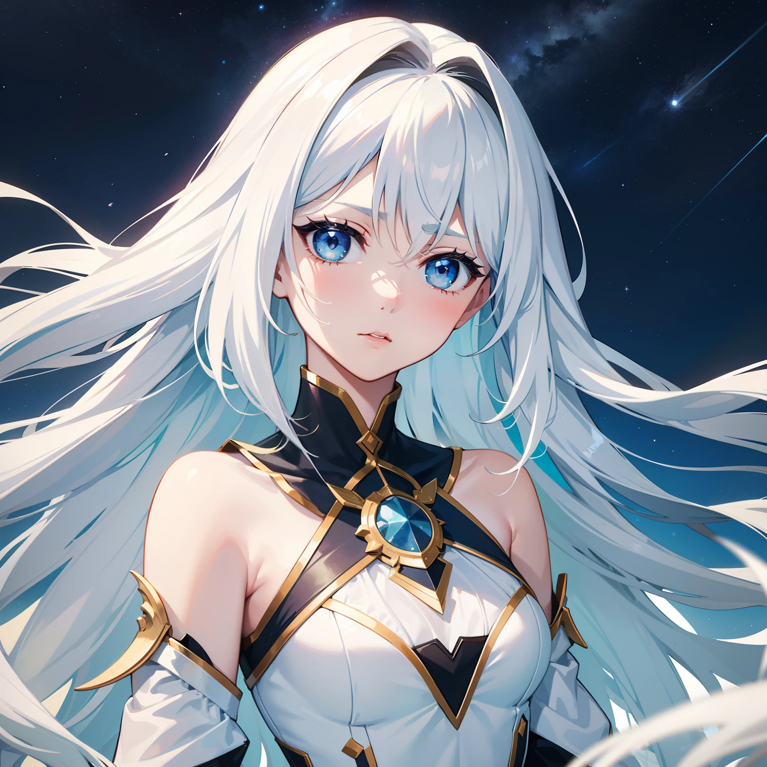 Extreme graphics，whaite hair，long whitr hair，teens girl，sideface，Blue eyes，Flushed cheeks，is shy，Under the blue sky，Artistic picture，Facing the distance，Affectionate look，Bust，starrysky，White dress，Poor milk，Chestless clothing，Face to the right，Raised sexy，Tsundere