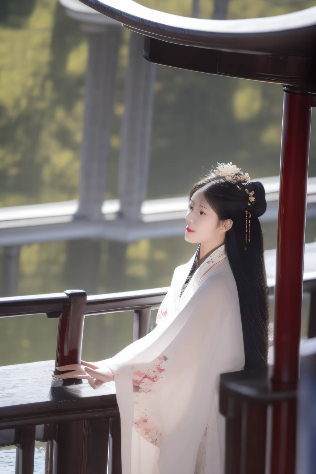 Small Bridge Flowing Water On the bridge deck stood a woman dressed in Chinese clothes，Delicate facial features