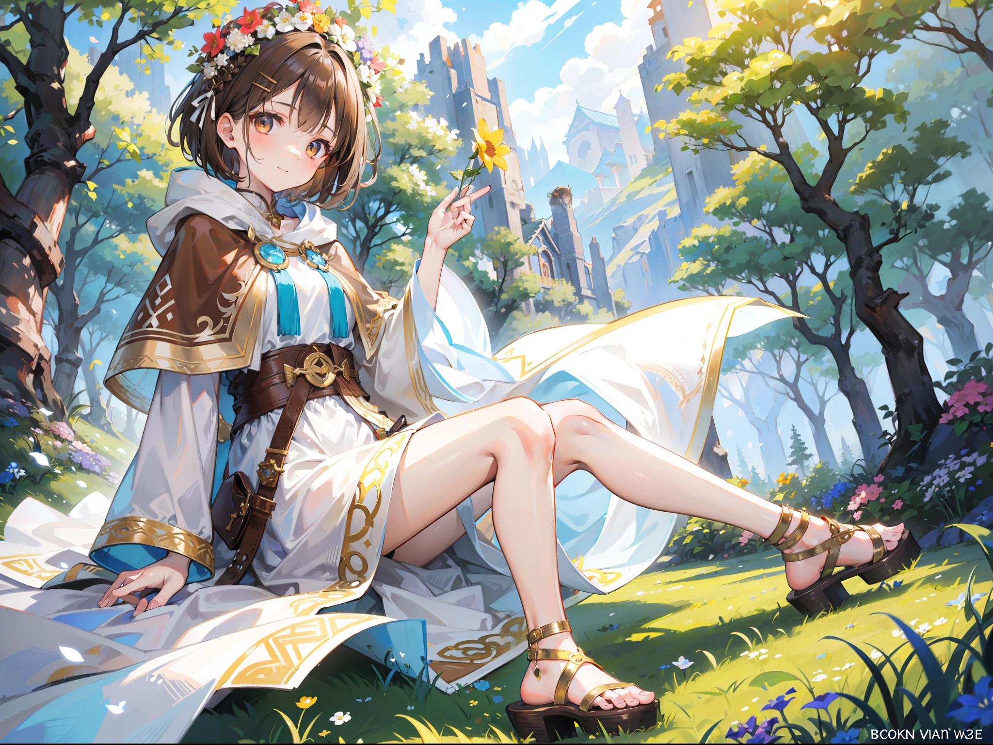 Beautiful girl with brown hair，Wear a white hooded tunic，brown cape，Bare legged，Wear a circle of flowers and plants on your head，short detailed hair，Wear a white hairpin，Stand among the sunny mountains and forests，With a bright and healing smile，Reach for the camera，Brown high-heeled sandals，Ruddy complexion，One eye wink