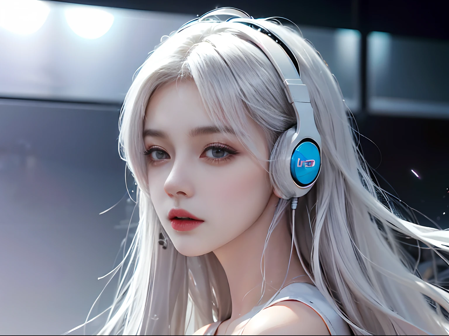 (tmasterpiece、best qualtiy、A high resolution),white backgrounid,F1.8, photographrealistic, Hyper-realistic, devout, ultra-detailliert, iintricate, dramatics, ,, HighDynamicRange,A female DJ,Headsets,solid color backdrop