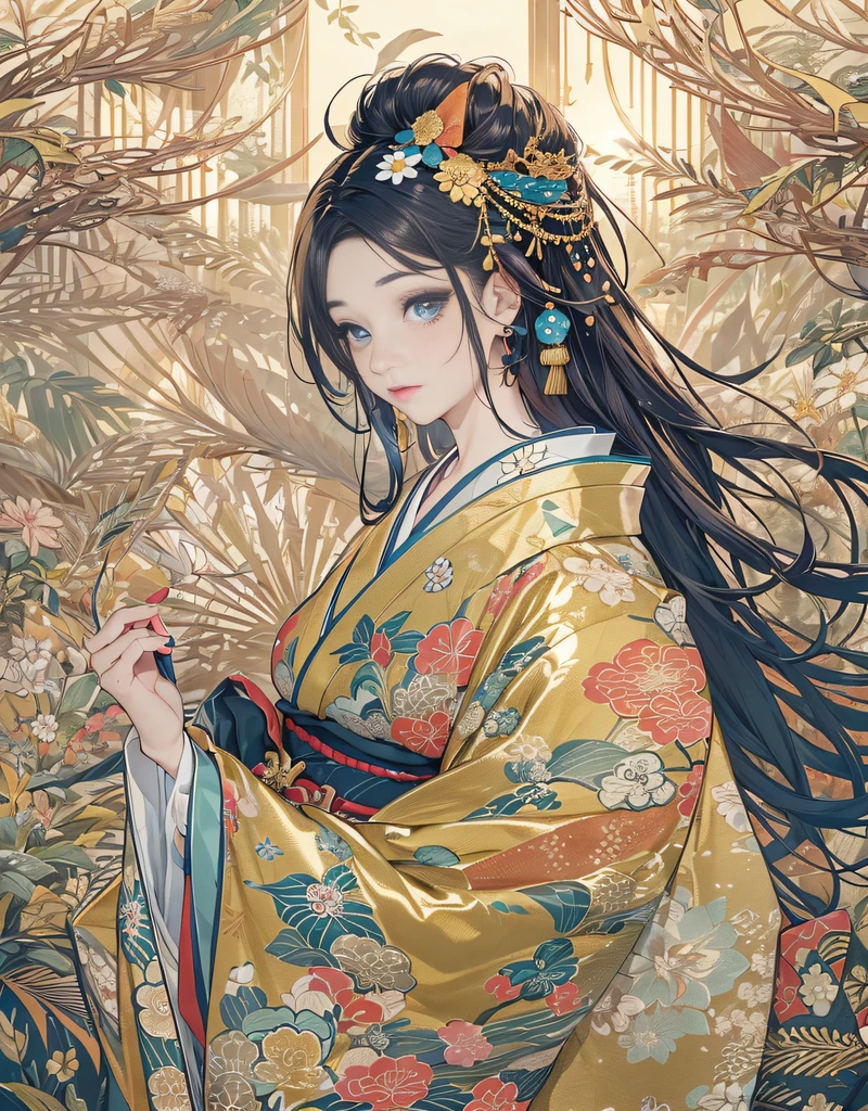 (Beautiful model in Japanese kimono commercial, beautiful straight long black hair), solo, ((face is 80% beauty and elegance, 20% pretty and cute:1.5)), clear eyes, (detailed eyes, light green eyes, bright pupils), Double Eyelids, (sexy lips with a little thickness:1.2), ((super detailed and incredibly high resolution Golden Kimono:1.2)), Highly Detailed Face Texture, striking body shape, curvy and very attractive woman, high-resolution RAW color photo pro photo, BREAK ultra high-resolution textures, High-res body rendering, big eyes, unparalleled masterpiece, incredible high resolution, super detailed, stunning ceramic skin, BREAK ((Facing back to show the pattern of the Kimono:1.5)), ((Wearing a Rinpa kimono that uses a lot of glittering golden:1.5)), ((The main color is golden and the Rinpa Kimono has very colorful embroidery:1.2)), (Half-collar and Obi are dark blue) ,(elaborately made classical Japanese Rinpa-style Kimono), ((The embroidery pattern is a peacock, a running water pattern, and colorful flowers):1.2), ((elaborately and elegantly decorated Golden Kimono)), (Take a photo in front of a Rinpa folding screen with a golden-coloured, navy-blue flowing water pattern)) BREAK ((Best Quality, 8k)), Crisp Focus:1.2, (Layer Cut, Big:1.2), (Beautiful Woman with Perfect Figure:1.4), (Beautifully shaped breasts:1.3), Slender waist, (Correct hand shape:1.5), (Full body shot | cowboy shot)