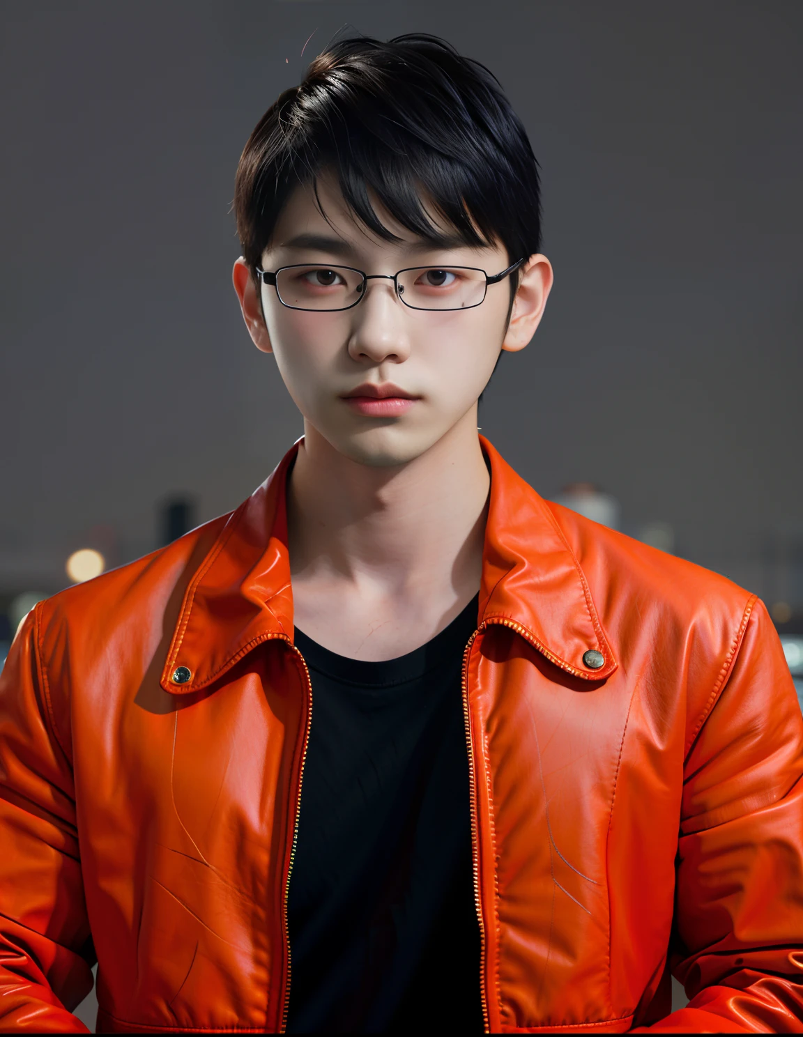 Close up of a man with black hair, red leather jacket looking to the side, city at night, movie blue lights, chiaroscuro, 8K, original, HD, stunning masterpiece, threatening smile, cute character and cute, thin, muscular man, textured skin, glowing , Asian idol, Choi Seo kun, Jimin Greek nose, Sung Yanjun, male Urzan, glowing red eyes, Kim Tae Joon.