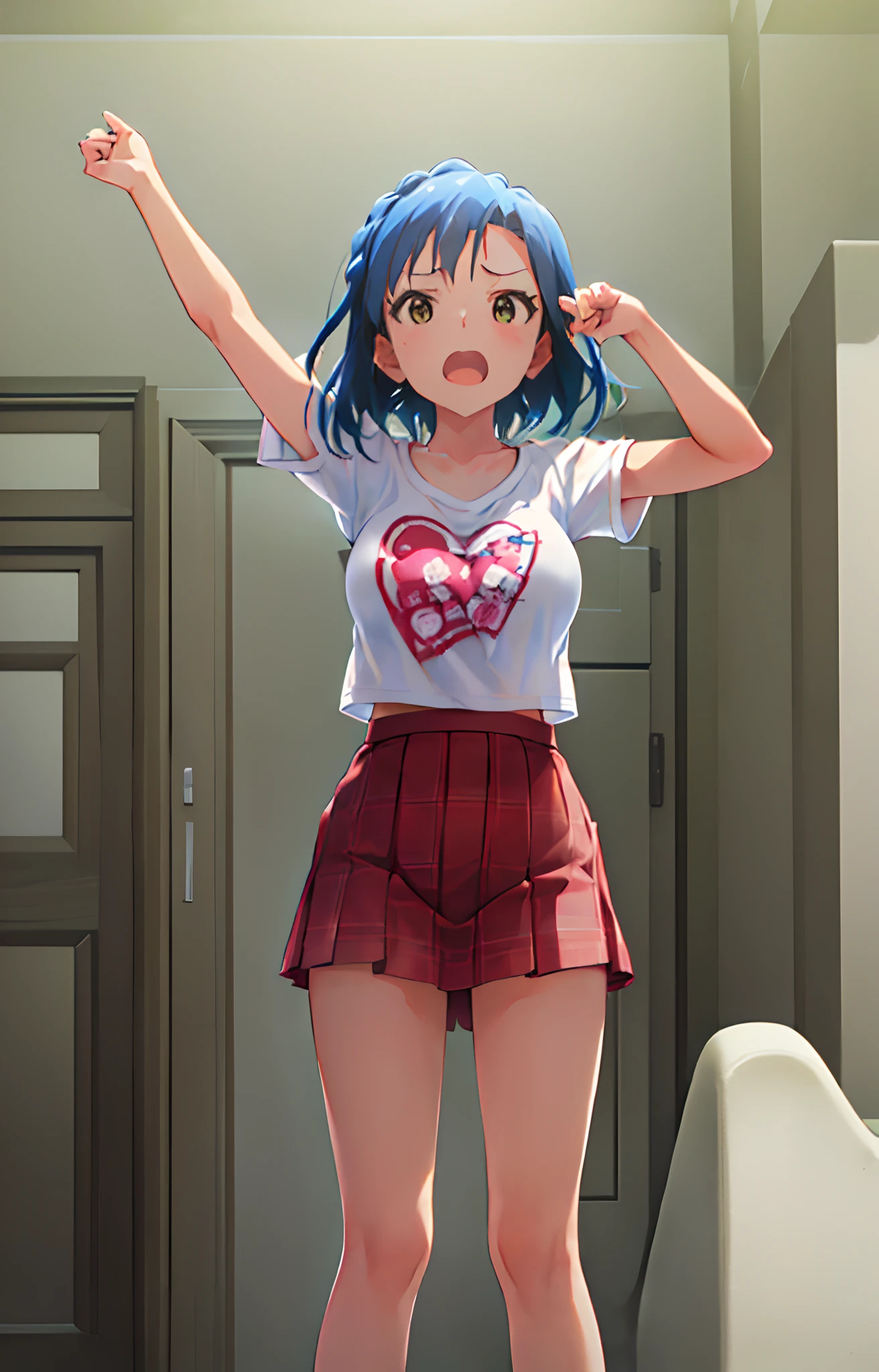 yuriko nanao (million live). Short stature. (((white t-shirts))).(((Skirt))).(((masterpiece))).(((best quality))).((Ultra-detailed))).(((illustratio))). (((raise both arm))).(((a room))).(((Clench your fists))).(((up chest))).Despair face.(((short-hair))).((big breasts)).((Opening Mouth)).