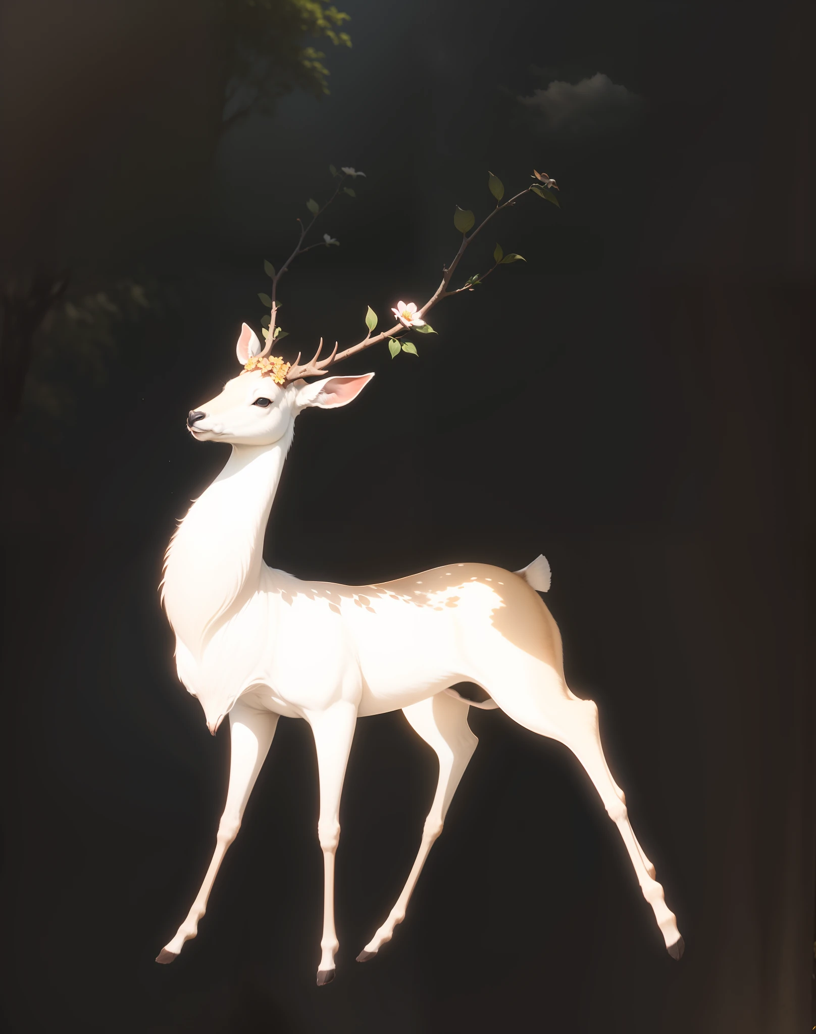 Deer running in the spring garden,jumpping,rays of sunshine,The sky is full of petals and clouds,There is a tower in the distance of the woods