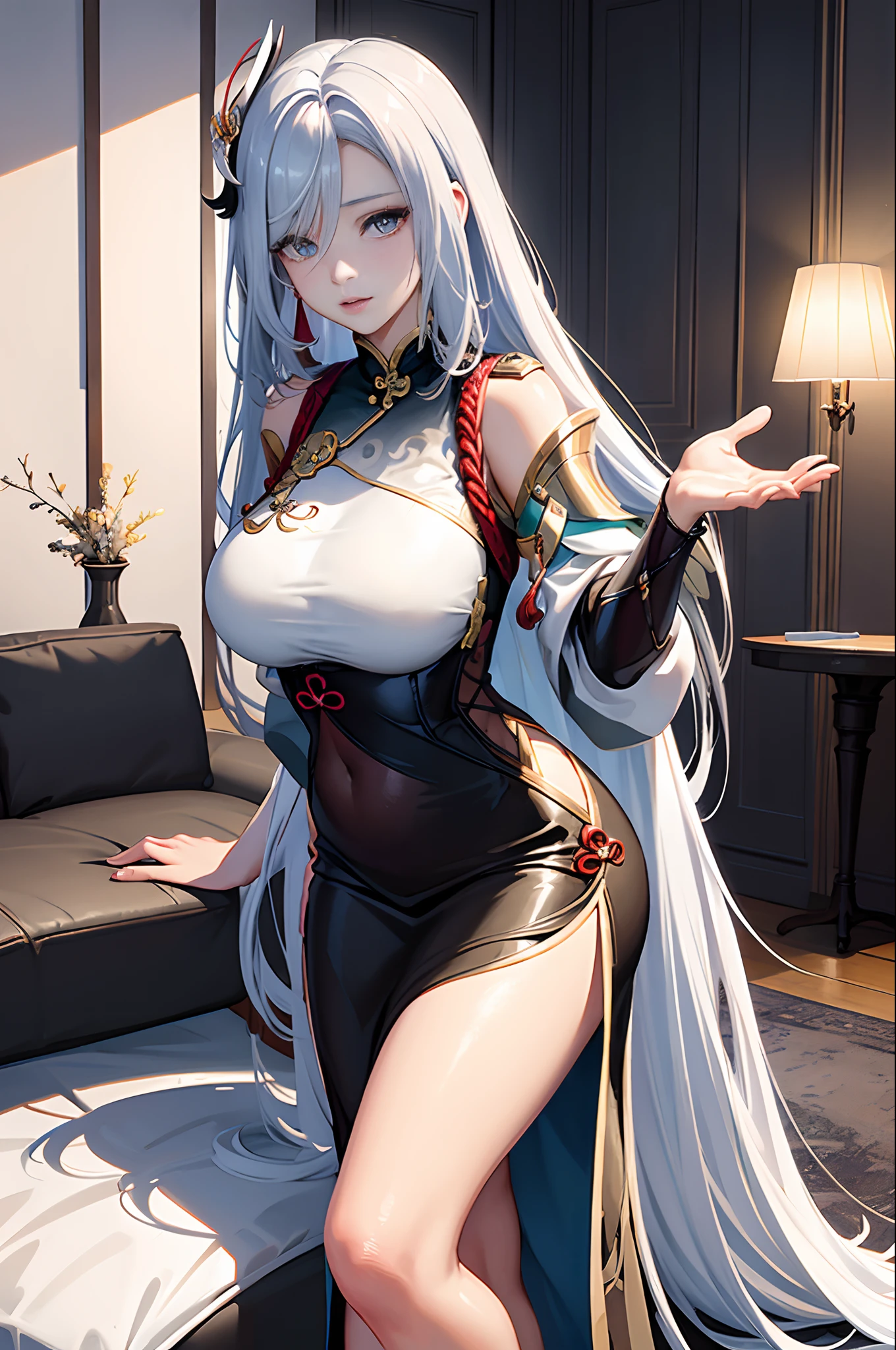 "(top-quality、tmasterpiece:1.2，Unity 16K wallpaper, Masterpiece, Best quality, super ultra detail, Extremely detailed CG, Caustics, Cinematic lighting, Detailed, Beautiful detailed eyes, Solo), 超高分辨率, Fine skin, teens girl，long  white hair、Smooth skin、Beautiful mouth、Smooth legs、busty figure，Black and white transparent close-fitting cheongsam，Moon，On the sofa，Extend your hands to me，Tall and tall，Visible on the back，Butt visible,Lateral breasts are visible"