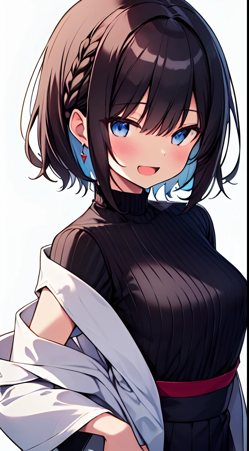 masutepiece, Best Quality,Illustration, Wallpaper, Ultra Detail, 1girl in,Solo,Beautiful detailed eyes,Very thick contour lines、Medium Short-Cut Hair、Short, Braided hair、(student clothes)、Dark hair color、Open mouth and big smile、Kamimei、Angle from which you can see the whole body、Overlooking angle:1.2、small head、ample breasts