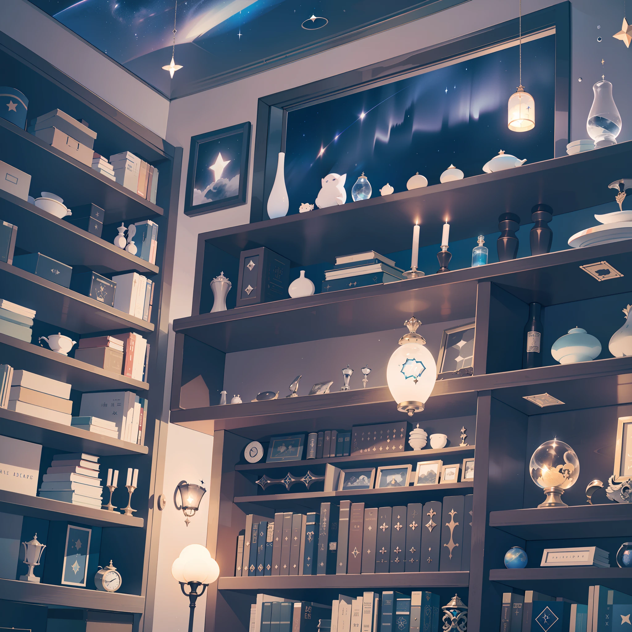 Wizard Library、inside in room、Lots of bookshelves、mid night、Starry sky、 Wide composition、best qualtiy、masterpiece、ighly detailed、ultra-detailliert、