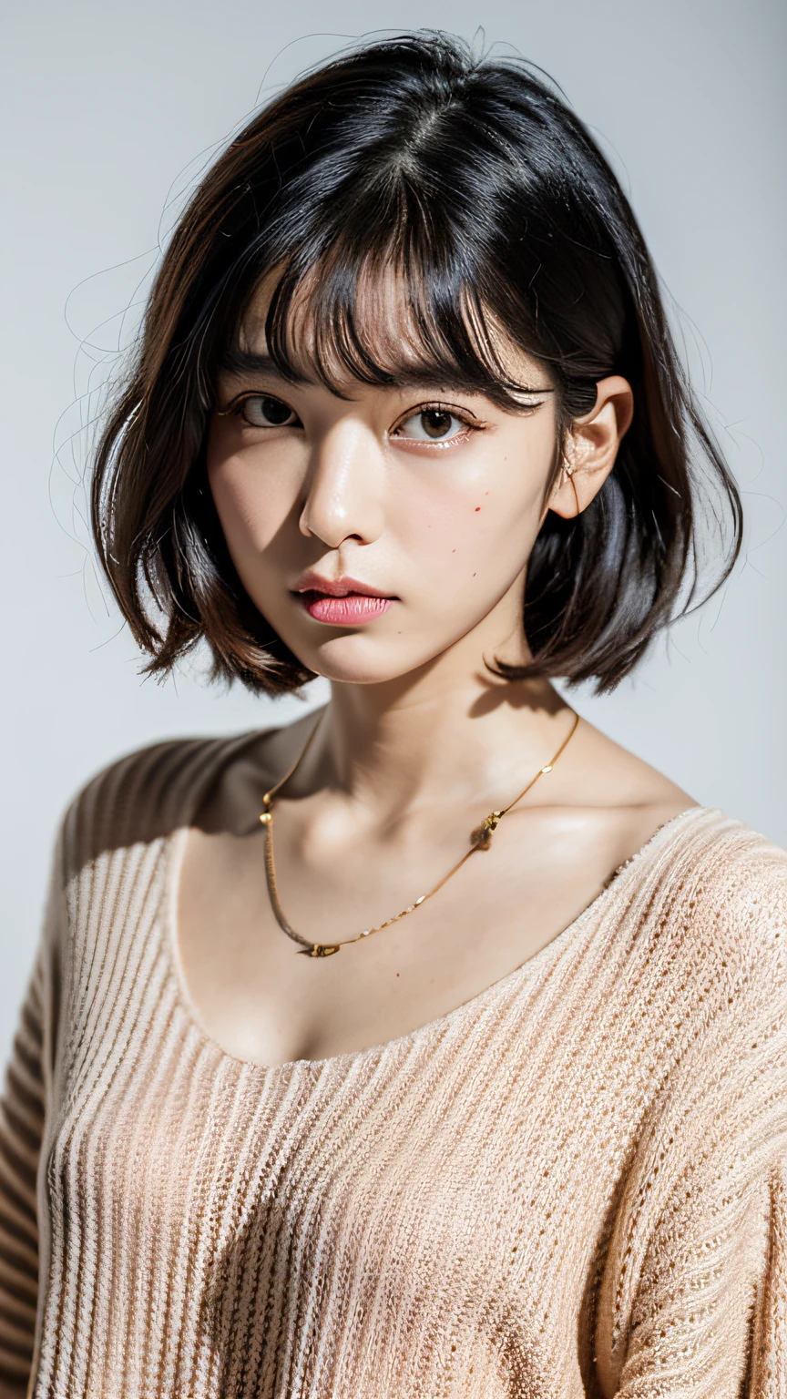 (Best quality, 8k, 32k, Masterpiece, UHD:1.2),Photo of Pretty Japanese woman, large breasts, very short bob hair,upper body,face focus,oversized_sweater, necklace, simple background, from above, looking at viewer,