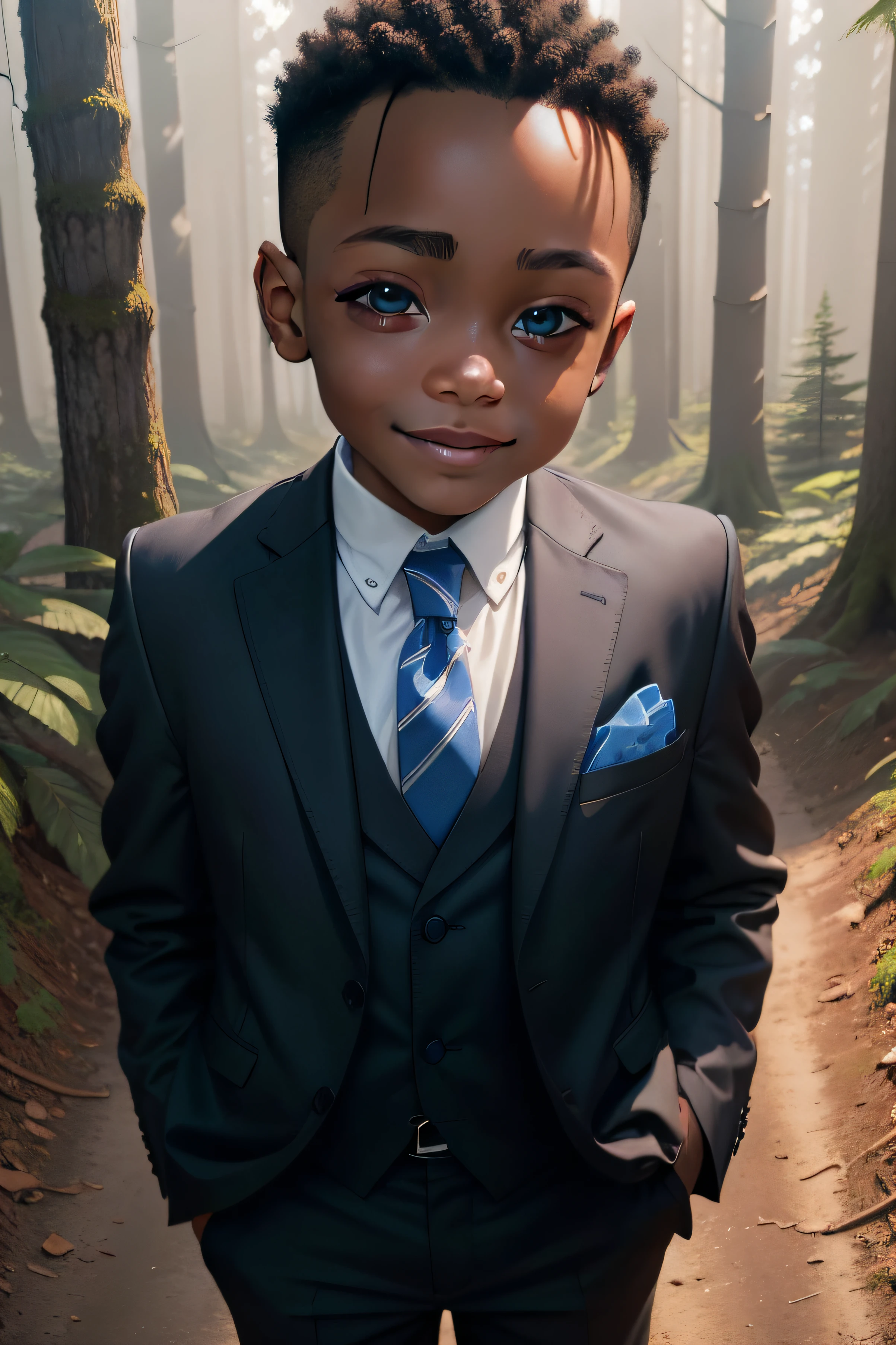 baby alone wearing a suit with a tie and the color of his skin is brunette and the background is a forest, blue eyes, smiling