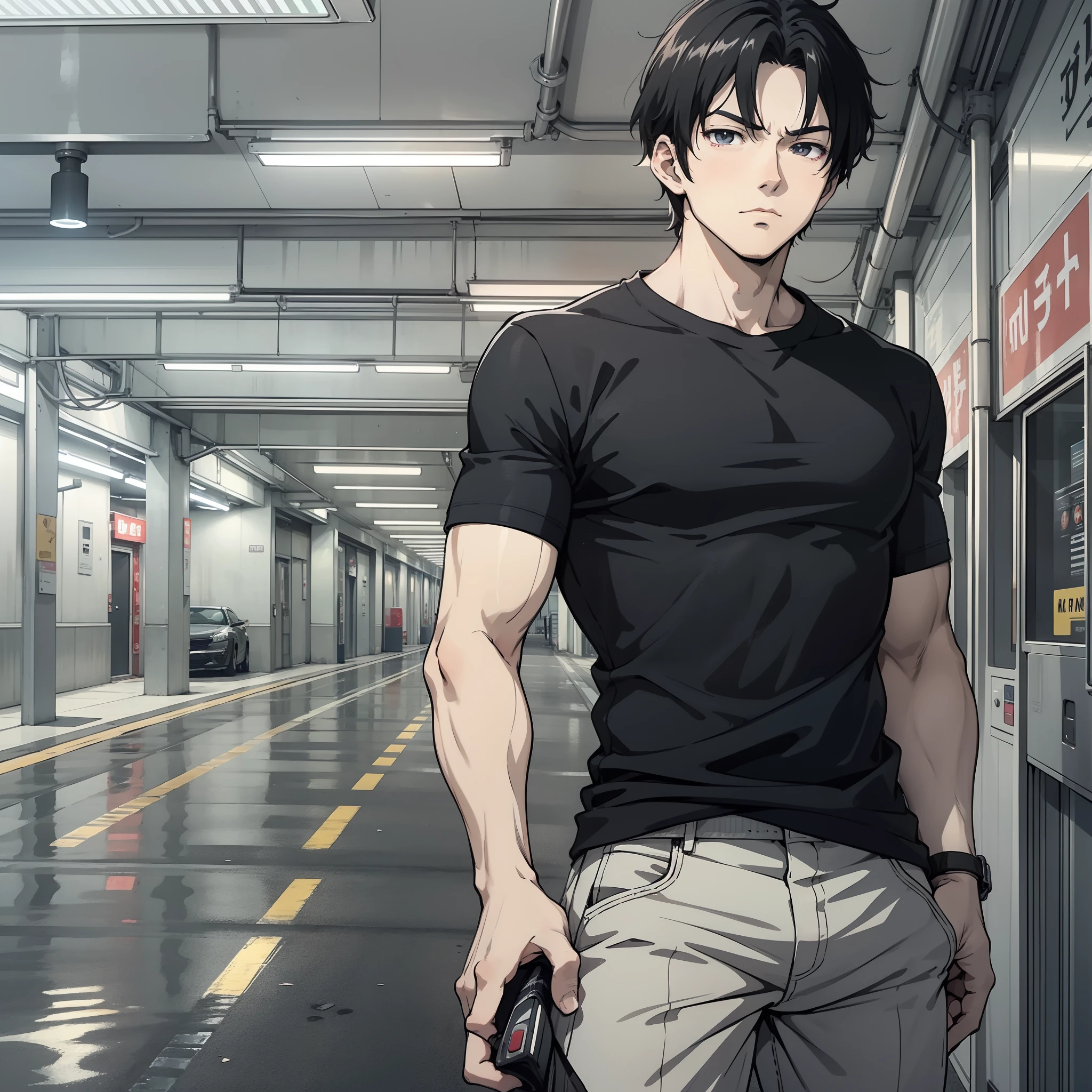 One was wearing a black T-shirt,Mature man in his 30s with short black hair standing in an underground parking lot(Car 1.5)(Frown 1.5)(Serious 1.5)(Indo blackened 1.5)(In the background is underground parking 1.5)style of anime4 K,Anime rendering,style of anime。8K,Handsome anime face(Upper body display 1.8)(The Man Who Goes Through Vicissitudes 1.8)(Cinematic lighting 1.5)(Master masterpieces:1.4)(Ultra-high detail1.5)(Best quality1.5)