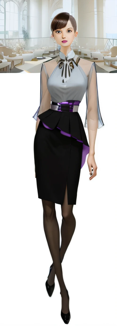 Costume design renderings of a woman in a blouse and skirt,Uniform design,Translucent sleeves, Stand up collar top,Chest split clothing design, black and violet costume, Inspired by Ikuo Hirayama, inspired by Fujiwara Takanobu, Purple and black clothes, inspired by Kusumi Morikage, clear outfit design, avant designer uniform, Inspired by Daphne McClure