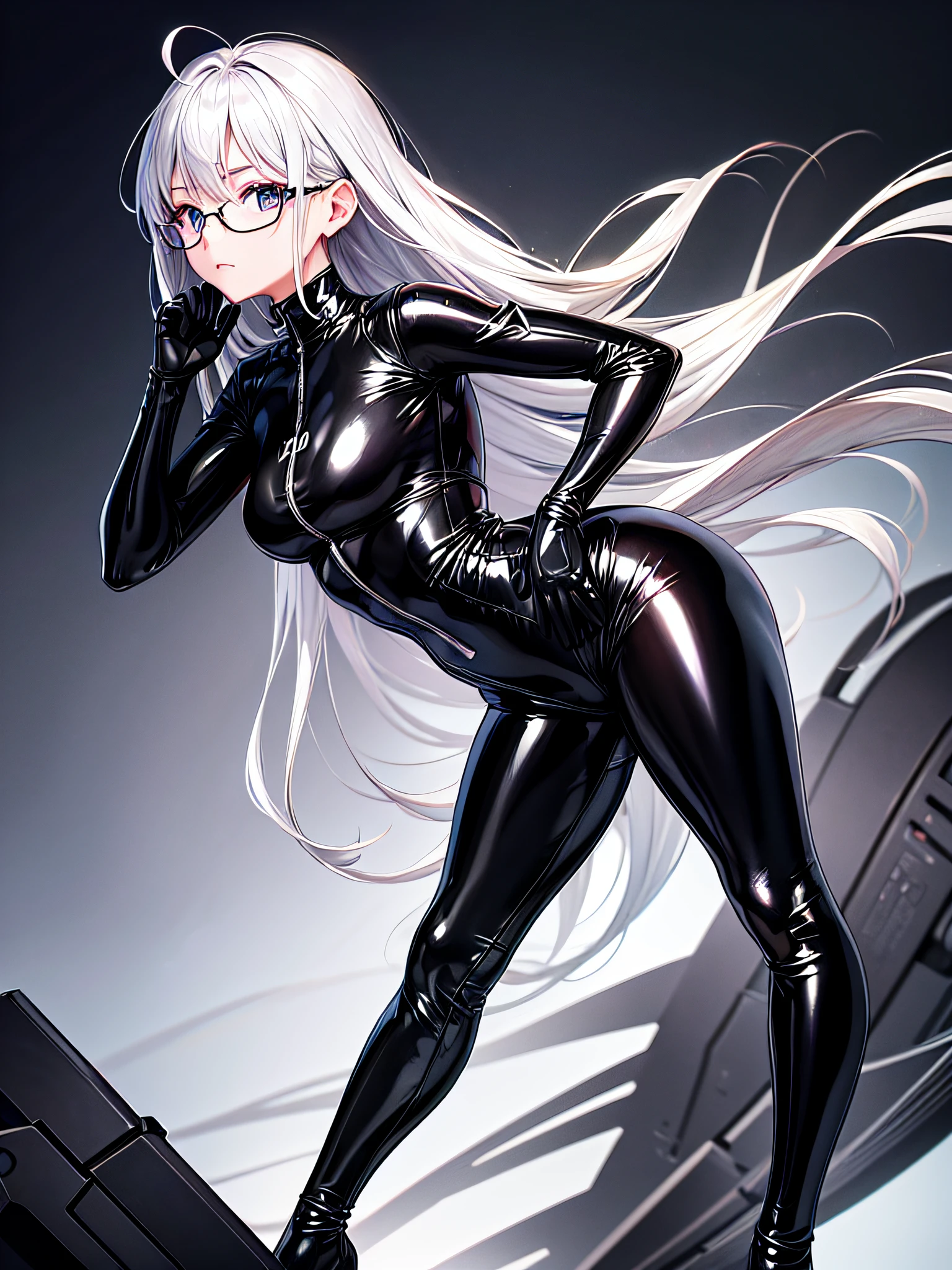 5 8K UHD、Silver-haired beauty wearing glasses and black latex slider suit is turning around with her butt facing、Shiny black latex slider suit with hidden skin、Black metallic buttocks