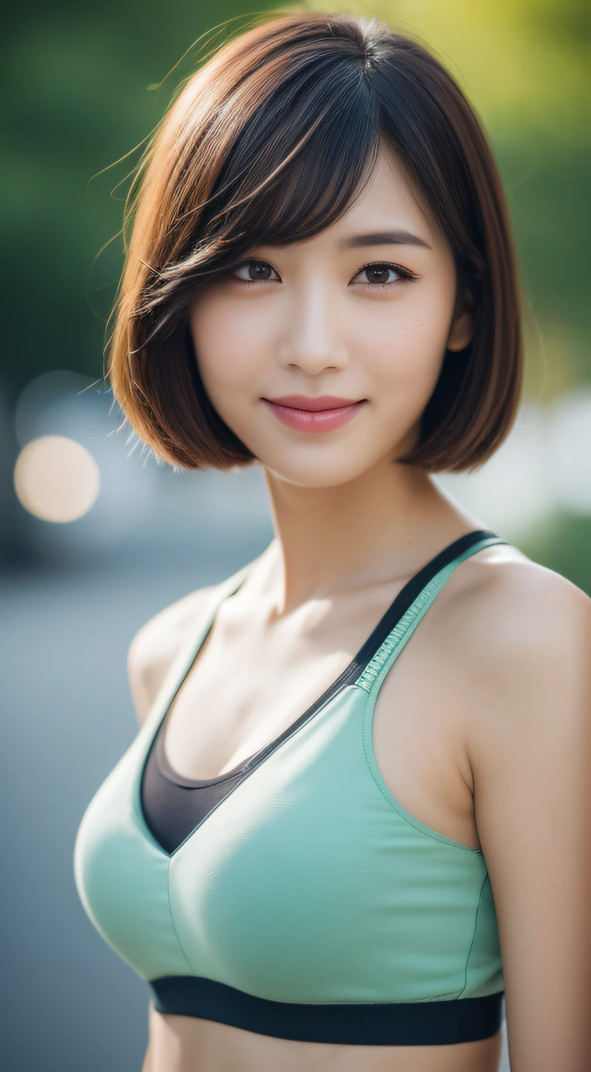 ((Top Quality, 8k, Masterpiece: 1.3)), Sharp Focus: 1.2, Perfect Body Shape Pretty Woman: 1.4, Slender Abs: 1.2, (Layered Haircut, Big: 1.8), (Sports Bra: 2.0), (Track & Field: 1.8), (Street: 1.2), Highly Detailed Face and Skin Texture, Detailed Eyes, Double Eyelids, Smile, Bokeh,