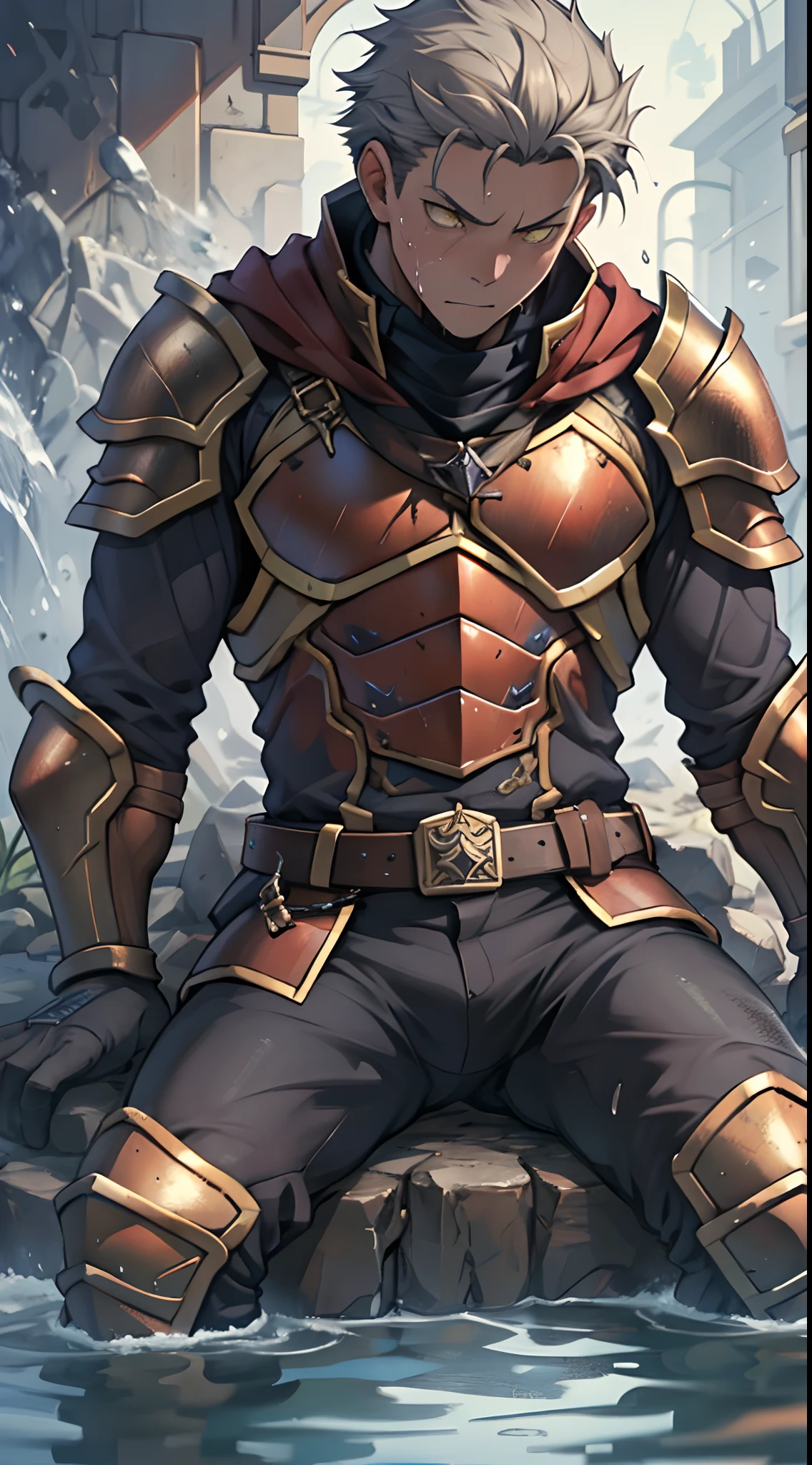 (1 Adult male),A high resolution, Sharp focus, Pixiv masterpiece, ((Complicated details)), highly detailed, natsuki_subaru, 1 man,Wear tight combat uniforms,Wear armor,perfect male figure,Urine on the trouser leg, Nervously bow your head,is shy,embarressed,exhilarated,is shocked,panicking,worry,A pool of urine formed around him,Very eager to pee,Unbearable,Wet yourself,Urine discharge,full bodyesbian,sit astride,Tired,decadent, Yellow eyes(eyes glowing), Short gray hair,Armour,Tie a belt,Cloaked,Cloak,Shoulder armor,perspire,Drenched,Get wet,pissing,urine flows down the pants,look from down