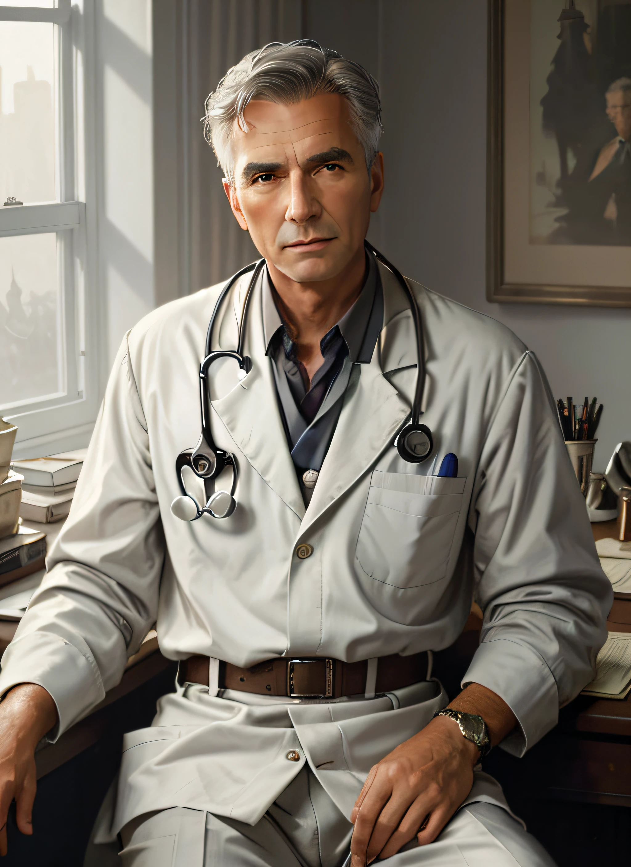 timeless style, 1950s full shot body photo of the most beautiful artwork in the world featuring (ww2) male doctor sitting on a desk nearby, grey hair, old man,  white outfit,(handsome,sexy,hot old male doctor),((detailed face and eyes)), (well defined face, gentleman:1.3 ),focus on male, male focus, man, real human skin,  nostalgia, 1man, stethoscope, heart professional majestic oil painting by Ed Blinkey, Atey Ghailan, Studio Ghibli, by Jeremy Mann, Greg Manchess, Antonio Moro, trending on ArtStation, trending on CGSociety, Intricate, High Detail, Sharp focus, dramatic, photorealistic painting art by midjourney and greg rutkowski