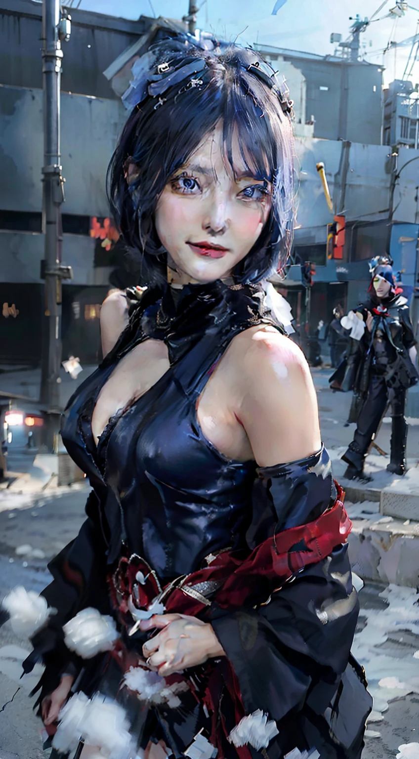 1girl, konan aktasuki, short hair, sexy dress, blue hair, blue eyes, smile, beautiful, black and red clothes, very big breast, sexy clothes, outdoor background, ultra detail, realistic