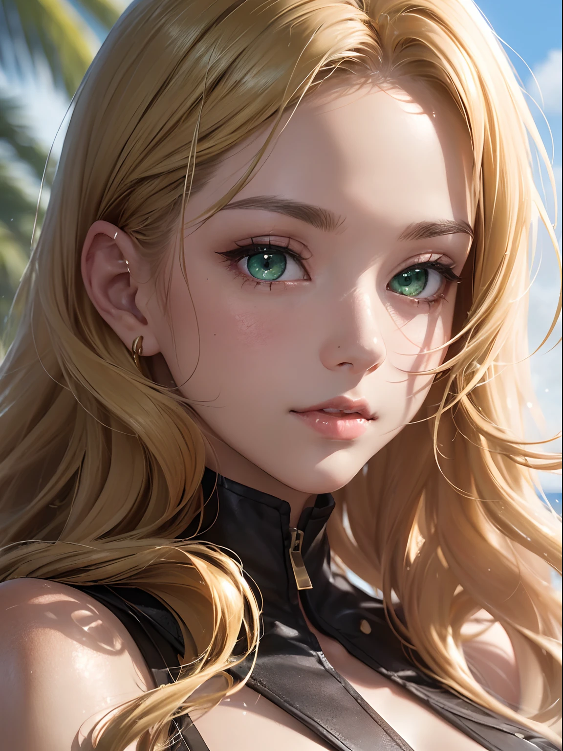 realisitic, high-detail, Hyper Detail, depth of fields, NFSW, 1 Lady, facial close-up, (((1 Lady:1.37, Solo))), (((Extreme close-up of the face))), (Beautiful face, Cute face, Detailed face,), BREAK, ((( Golden hair, Semi-long hair, Hair pulled back, Wavy Hair))), (((Detailed beautiful green eyes,))), BREAK, (((Sunny))), (((in beach))), BREAK, blazing, Shiny skin, extremely detailed CG unified 8k wallpaper, very fine 8KCG wallpaper, (masterpiece, Best Quality), High resolution, Ultra-detailed, ultra-sharp, Cinematic lighting