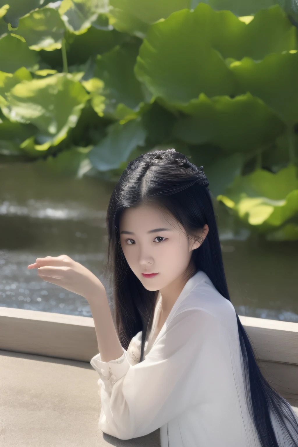 Small Bridge Flowing Water On the bridge deck stood a woman wearing a middle shirt，Delicate facial features