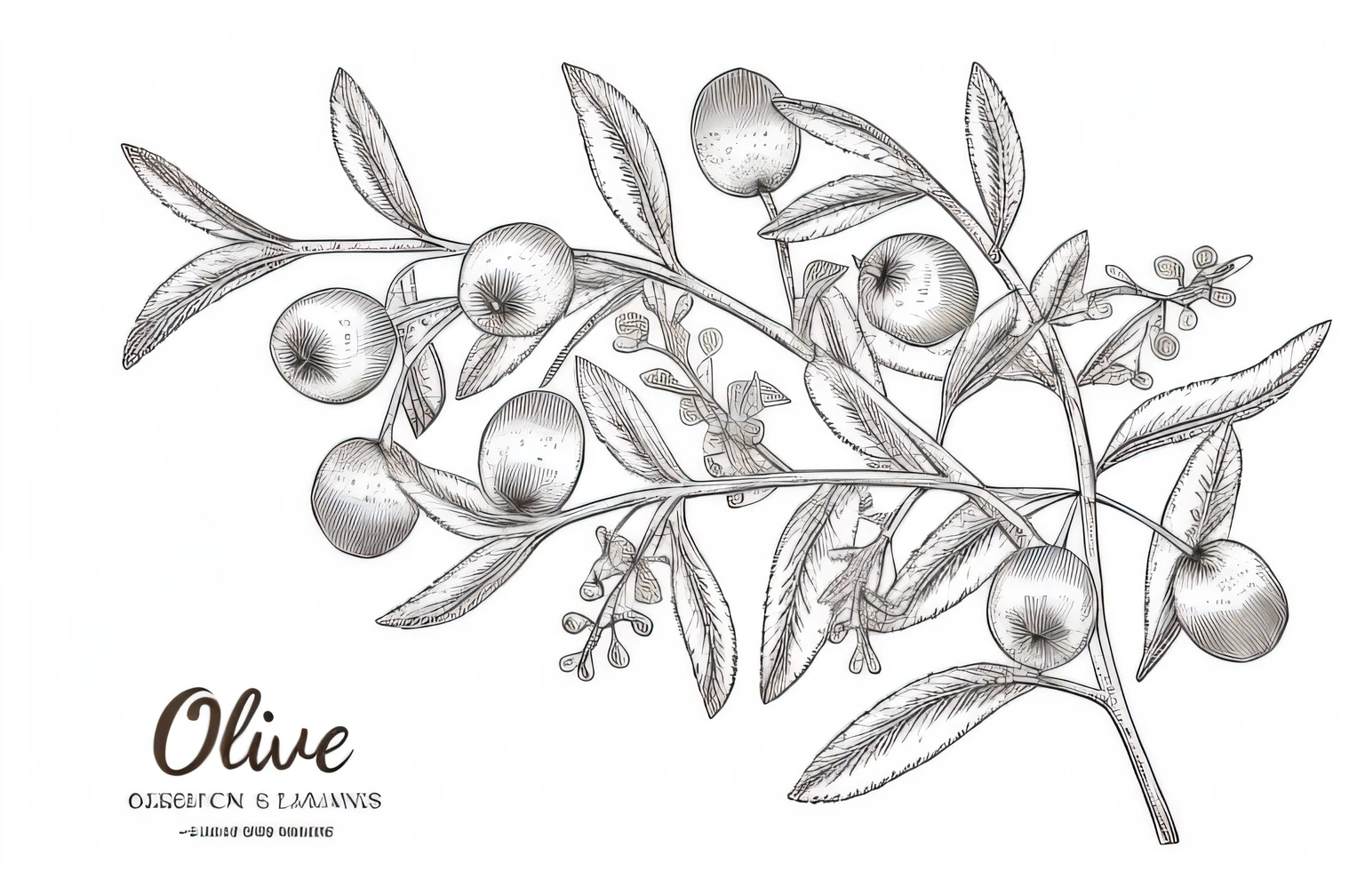 An olive branch with leaves and berries on white background, Line - Art, line art illustration, Line art, highly detailed linework, Linear illustration, illustration line art style, clean ink detailed line drawing, Olive, extremely detailed linework, Hand drawn illustrations, vector line - art style, olive, line art colouring page, exquisite line art