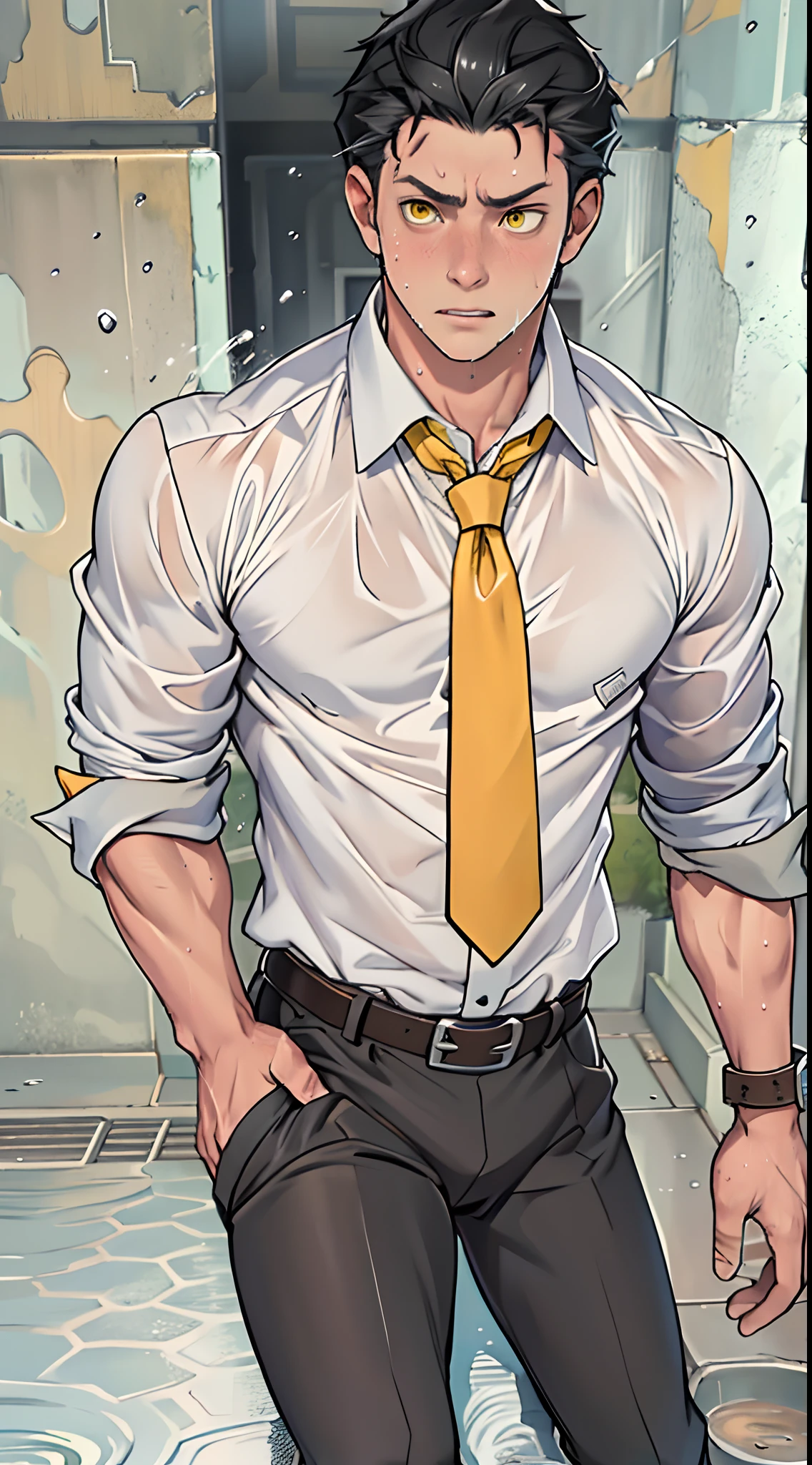 A3R1, Hector Fey ,Multi-view upper body, Suit pants view,legs separated,A3R1,pissing,Pee yourself,His own urine ran down his thighs,perfect male figure, Aerith Gainsborough ,Put your hands in your trouser pockets,Pee from his legs,yellow eyes,,Half squat,legs separated,sit astride,Wear a tie,wearing leather belt,Long Sleeve White Shirt,(The shirt is soaked),Black hair short hair,perspire,Black suit trousers,dress shoes,Nervously bow your head,is shy,embarressed,is shocked,panicking,worry,exteriors,On dry ground, A small puddle of his own urine formed around his feet,Half squat,Very eager to pee,Sweat runs from the crotch,Wet yourself,Urine discharge,high detal,hentail realism,ultra-realistic realism,three sided view, A masterpiece of careful planning,A high resolution, hyper HD ,anatomy correct,super detailing,best qualtiy,A high resolution,8K