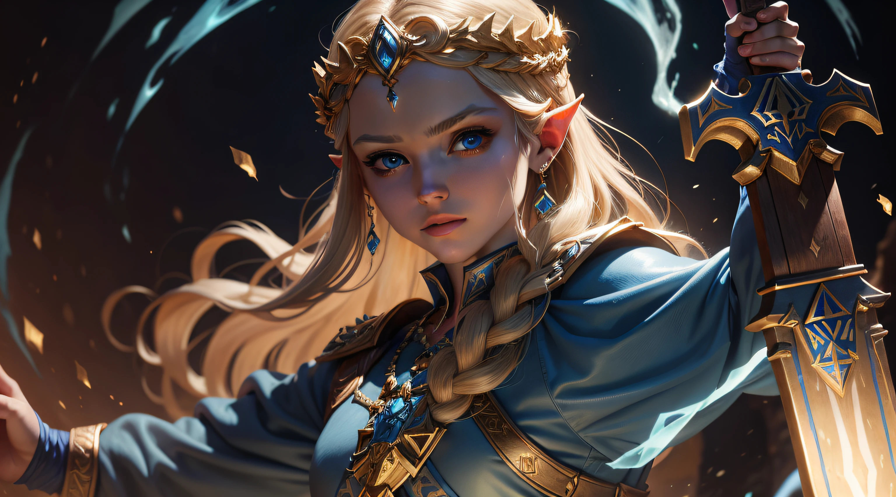 [poster de filme de fantasia, Movie poster illustration], visual chave do filme 1 garota elfa , cena (Elven bow::4, espada Orc::2, se cruzam), Magia elfa, elfa tem cabelo prateado, vestido com armadura dourada , detalhes intrincados, perfect features, Dramatic, Cinematic lighting, Highlight lighting, SSAA, smooth rendering, no noise --testp --ar 2:3 --video --no lazy prompts