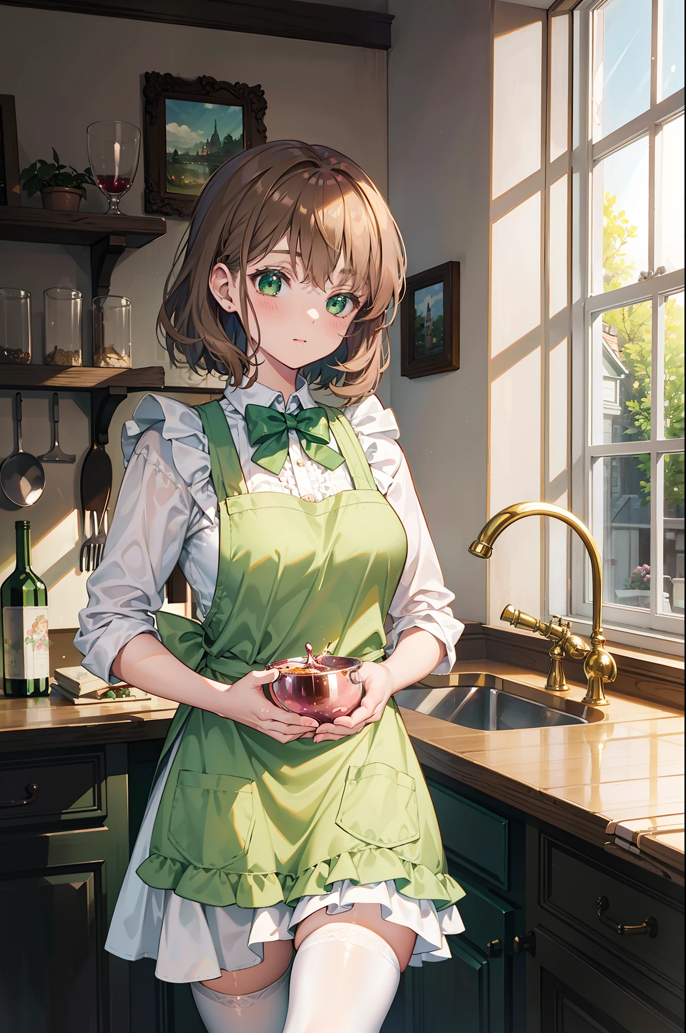 "1girl cooking in a charming vintage kitchen with a cozy cottage atmosphere, enchanting fairies dancing in the sunlight peeking through the window, lovely light brown hair, captivating light green eyes, apron.", green suit, white shirt, green corset, pink bowtie, pink shorts, wine glass, at a bars kitchen