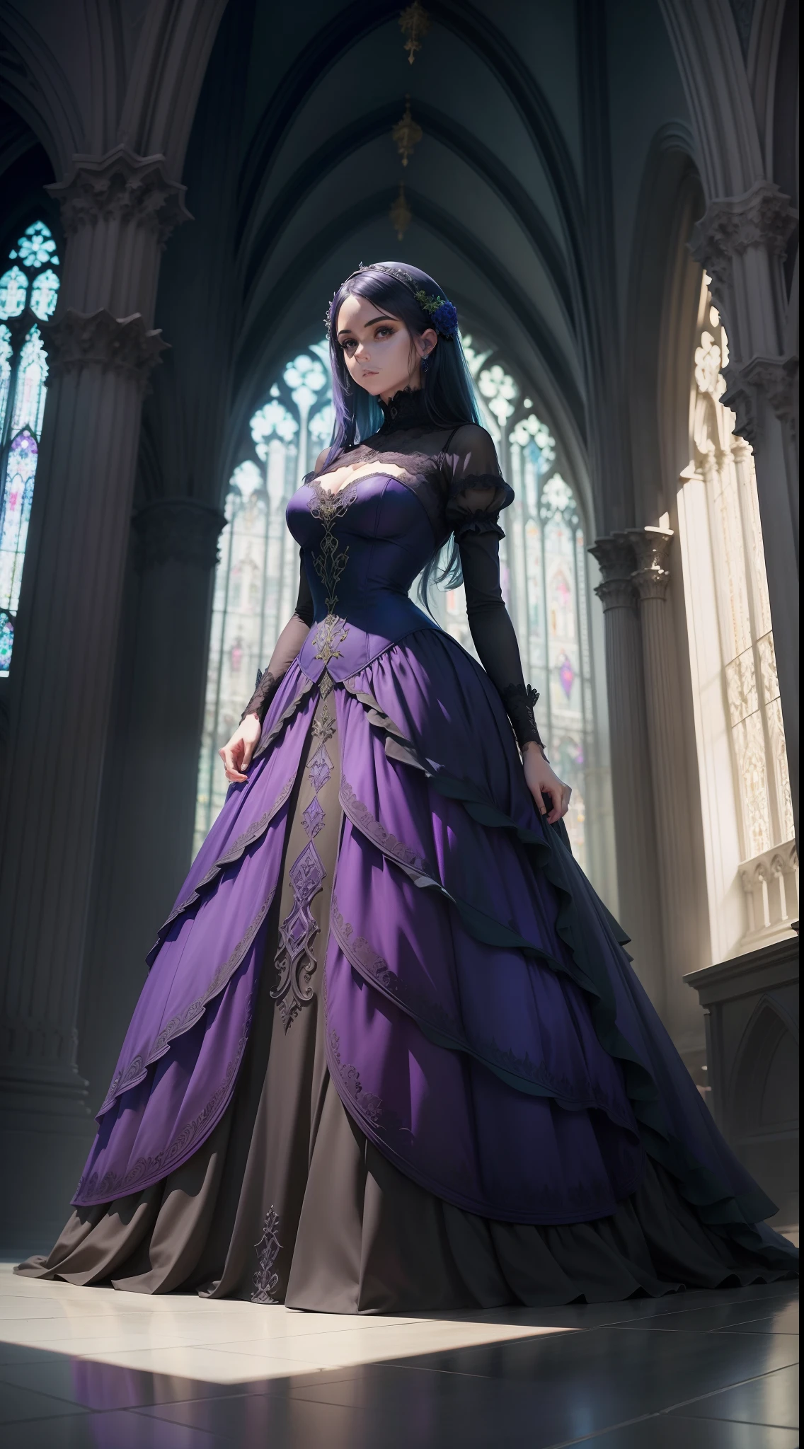 Gothic architectural design, en tonos azules, green and purple. The composition of the image must be based on the golden section or fibonacci number, of having a woman in a beautiful dress of the time in purple tones. verde y azules.